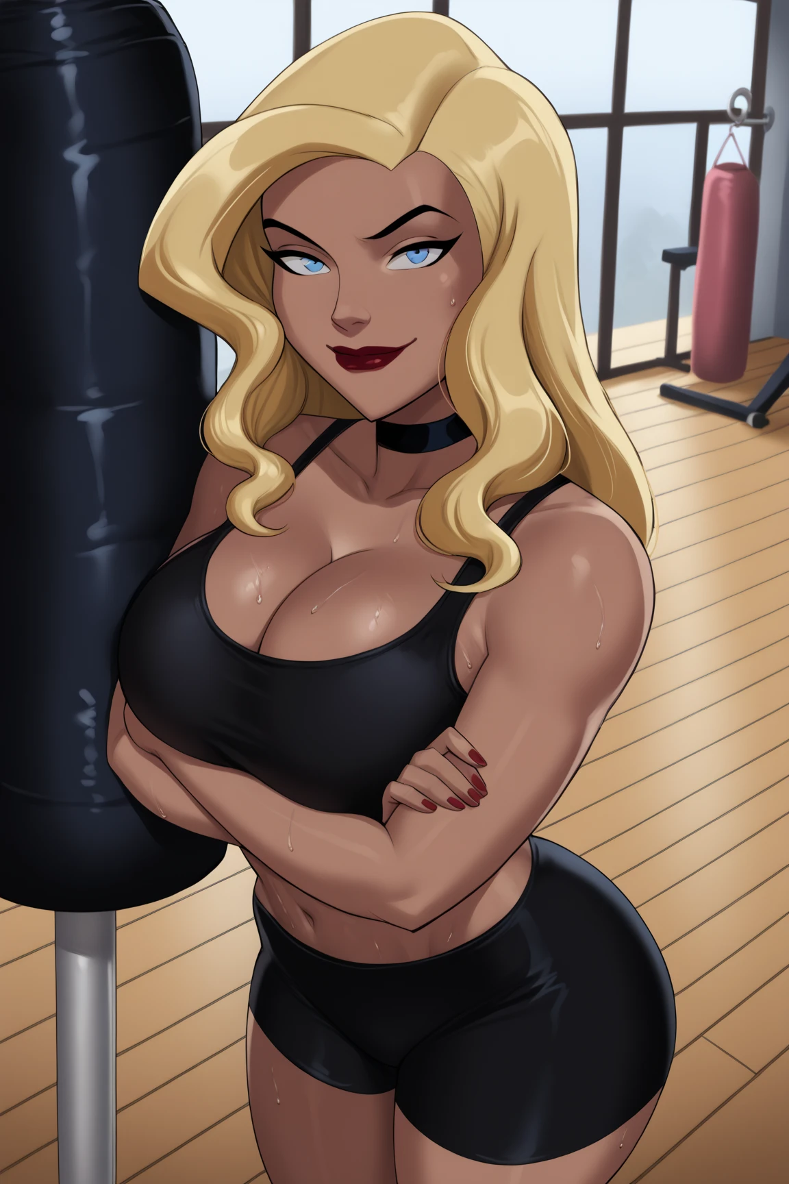 WITH YOUR BACK TO THE CAMERA,((ultra quality)), ((masterpiece)), supes, cute smile, smile, ((long blonde hair)), (Beautiful face), (beautiful female lips), (), charming, ((sexy facial expression)), (white skin color), (white skin), glare on the body, ((detailed beautiful female eyes)), ((dark brown eyes)), (juicy female lips), (dark eyeliner), (tank top, midriff, ), (((headband))), (((leggings))), wide eyebrows, abs, slanted green eyes, makeup eyelids, big cheekbones, thin cheeks, defined jaw, (beautiful female hands), ((ideal female figure)), ideal female body, beautiful waist, gorgeous thighs, beautiful huge breasts, cleavage,((subtle and beautiful)), sexy worth
