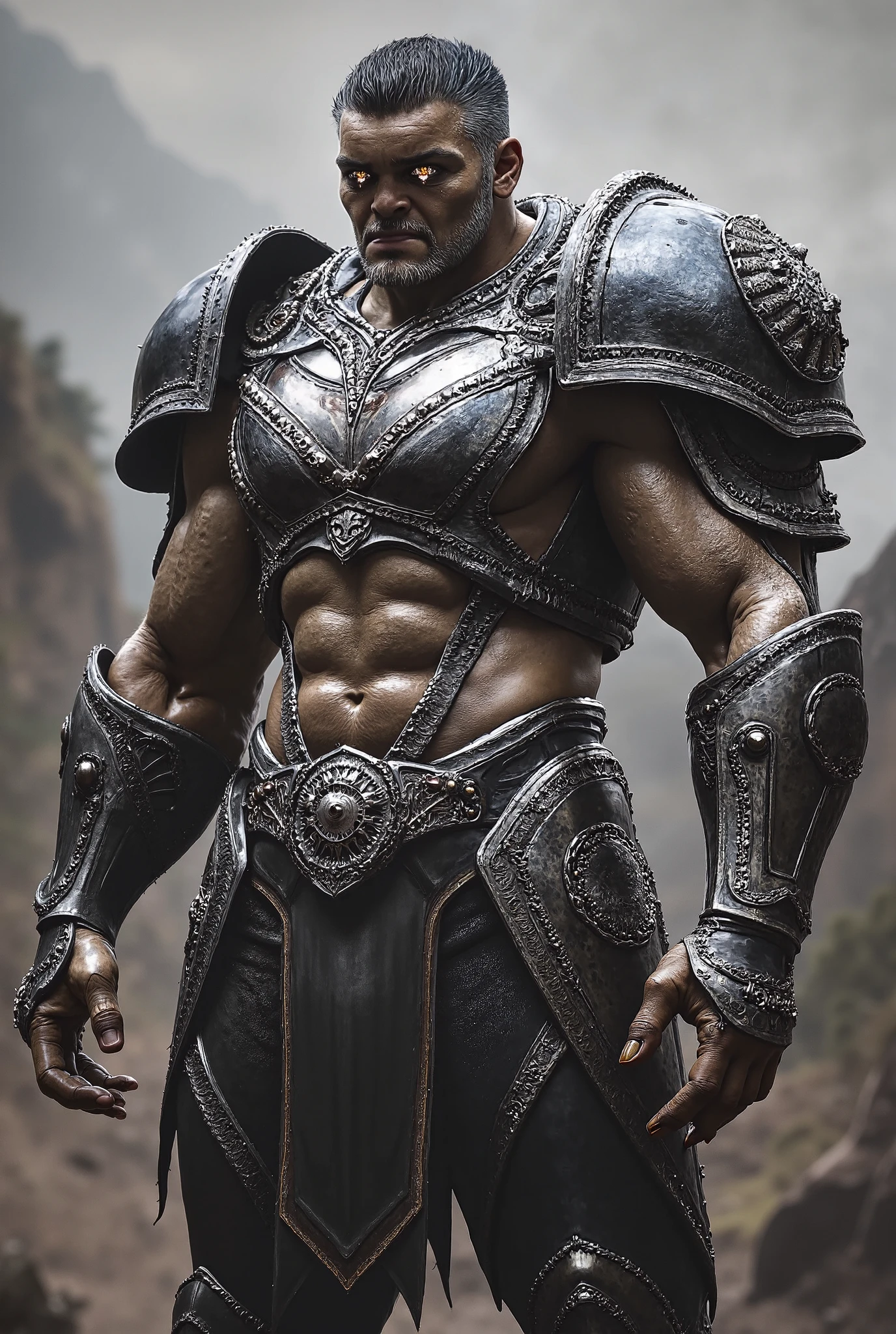 (Outstanding、Professional、Surreal)、muscular barbarian, blonde hair, 1 male, 21 years old, manly, black legendary armor, rugged look, Detailed big ax, Metallic texture,