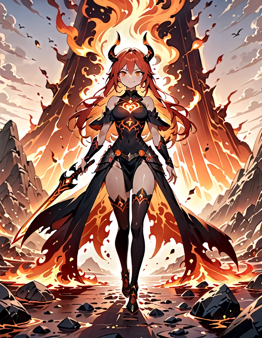 ((The characters are from League of Legends,Ali)),((Game skin design concept map)),(girl fox),(Graceful posture),(Sexy figure:1.1),(Wearing a red gold and black horse-faced skirt),Lightweight fabric,Surrounded by floating bluish-gray demonic fire,Feminine expression