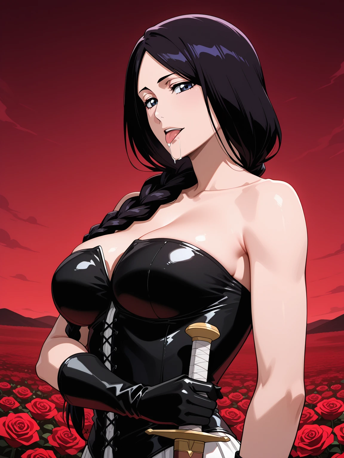 (obra de arte, melhor qualidade),  detalhes intrincados,
1 garota,  Eliza From Tekken, cabelo preto curto , cabelo com mechas em  vermelho nas pontas , cabelo curto, animation ,piercing de sobrancelha 3DMM,