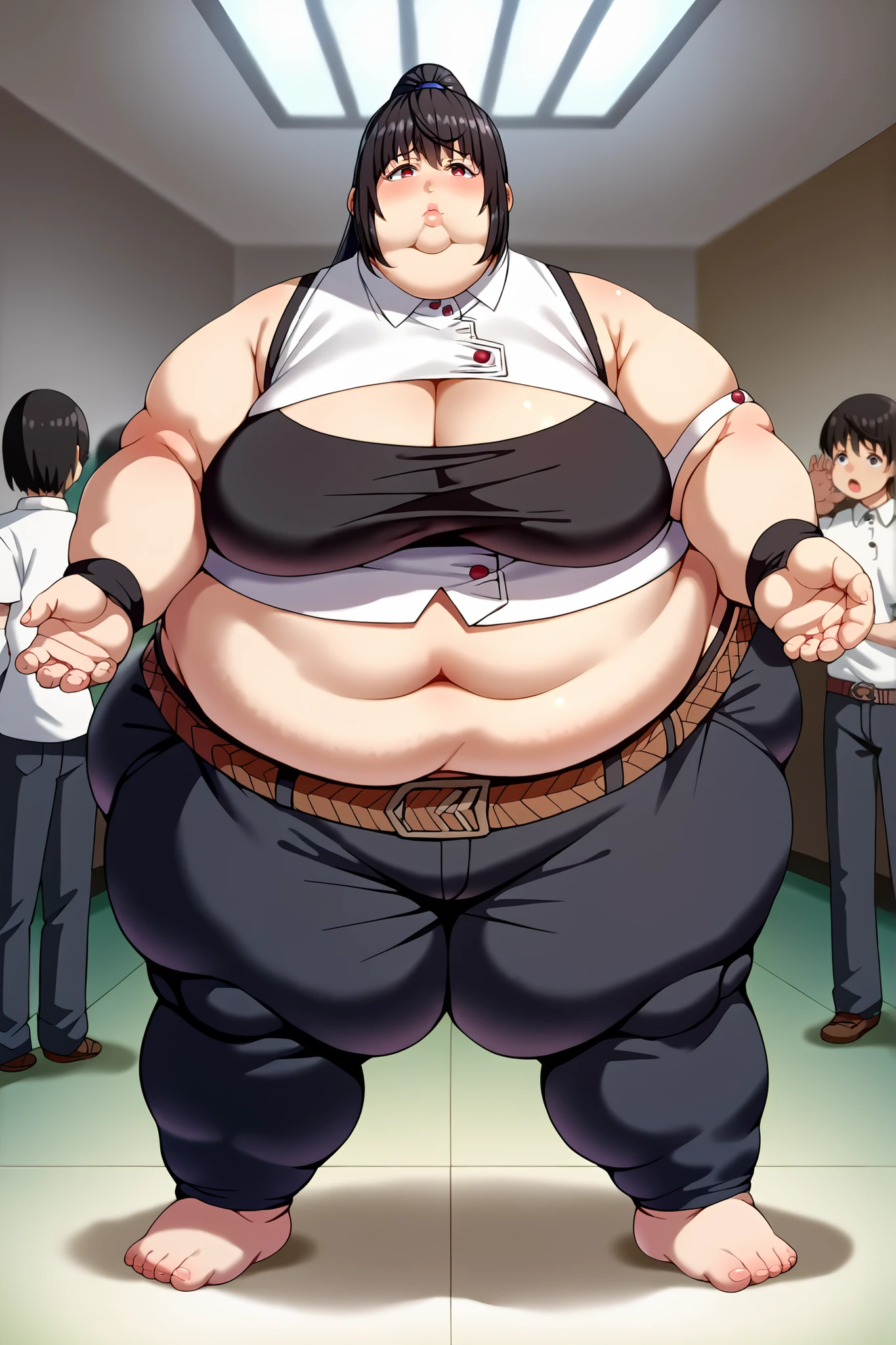 art by kipteitei, 1girl, dark green hair , straight hair, maki zenin from the anime jujutsu kaisen, big jiggly belly, pretty face, nose, lips, beautiful eyes, circle frame glasses, (best quality, masterpiece, 4k, sharp focus), professional photograph, sharp focus, dramatic, award winning, cinematic lighting, octane render, unreal engine, volumetrics dtx, anime style,