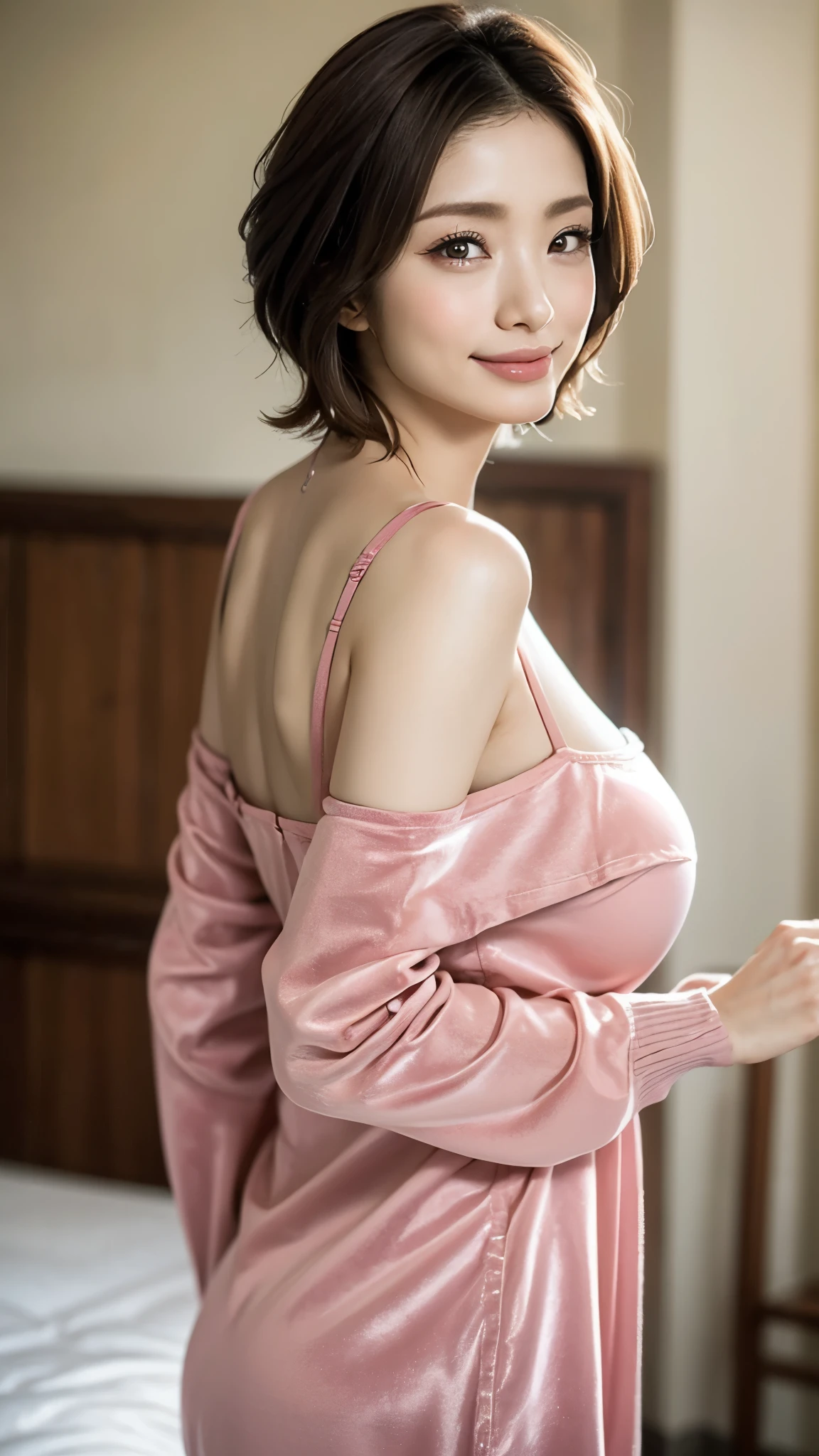 ((masterpiece))、((Highest quality))、photograph、reality、High resolution、Very detailed、Married women、40 years old、Mature Woman、(Plump body)、Delicate features、short hair、Realistic background and accessories、Big and soft breasts、Sexy smile、Bedroom、Long-sleeved loungewear、Wide-angle、soft, droopy breasts、Serious face、Confession、Room pants、whole body、Long legs、