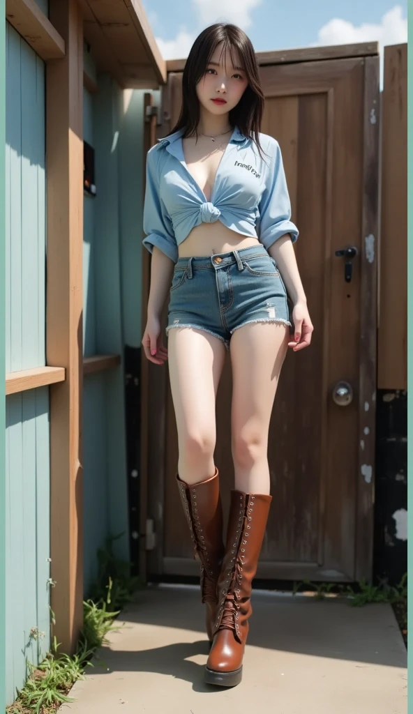 full body, barefoot, standing on bed, masterpiece, best quality, ultra-detailed, absurdres, Potrait of beautiful, solo, denim, breasts, belt, big breasts, volumetric lighting, best quality, masterpiece, intricate details, tonemapping, sharp focus, hyper detailed, trending on Artstation, nightime, bright red bra, tip sticking out, areola protruding, gal , Lots of lashes, Lame on the eyelids, Bright red lips, Pure red heels, Lower abdomen bristles, Slender, Crotch wide open, are large and seem to spill out of the bra, red underwear, blonde short hair