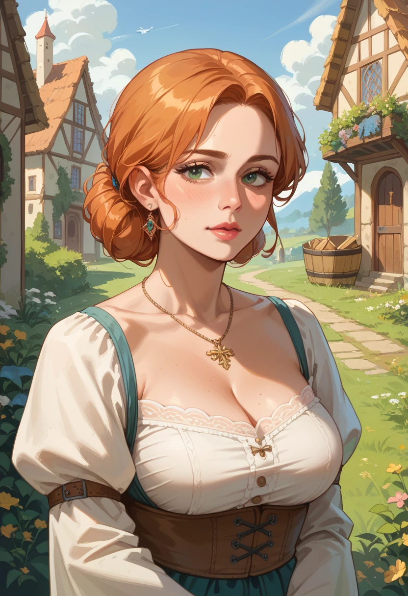 (masterpiece, best quality, ultra detailed, beautiful illustration), (oil painting:1.4), atmospheric perspective, (peaceful atmosphere, elaborate atmosphere:1.4), depth of field, looking at viewer, beautiful detailed eyes, <lora:jodi:0.7>, 1girl, (portrait, close-up:1.1), mature woman, (huge breasts:1.2), warm smile, jodi, brown hair, braid, single braid, brown eyes, pink shirt, pants, outdoors, rural town, town square,