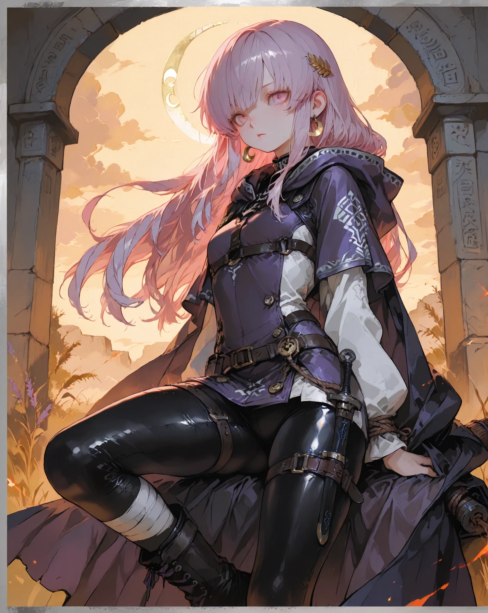 masterpiece, best quality, amazing quality, hyper-detailed, realistic, BREAK 1girl, petite elegant build (slight curves:1.1), graceful wandering posture, quiet confidence, BREAK
(half-up floral twist hairstyle:1.2) with dark plum waves, silver plum‑blossom comb, himecut bangs, (lavender pink eyes:1.1), contemplative gaze, detachable linen hood (runic lining:1.1), BREAK
Upper Body: ash-gray stola-tunic with side slits (silver sakura border:1.1), fitted dark-leather jerkin with bronze studs, cross-body harness carrying scroll tubes and ink vials, pale lilac silk undershirt (warding glyph cuffs:1.1), BREAK
Lower Body: olive wool braccae trousers tapering into plum wool leggings (runic leg wraps:1.1), sturdy leather caligae‑style boots with hobnailed soles and laurel-sakura embossing, BREAK
Cloak & Gear: hooded plum palla cloak with crescent fibula (weather-resistant edges:1.1), braided utility belt with satchel, rope coil, water skin, hidden back dagger sheath, BREAK
Accessories: bone-bound codex at hip, bone stylus, bronze lantern with pale-violet foxfire, thread-bound charm pouches, BREAK
Background & Mood: dusty Roman frontier road at dusk, crumbling stone arches, drifting foxfire embers, soft golden light filtering through clouds, cinematic soft shadows, mystical undertones, BREAK
Style & Quality: anime style, natural palette, perfect anatomy, absurdres, highres, (complicated_details:1.1), very aesthetic,