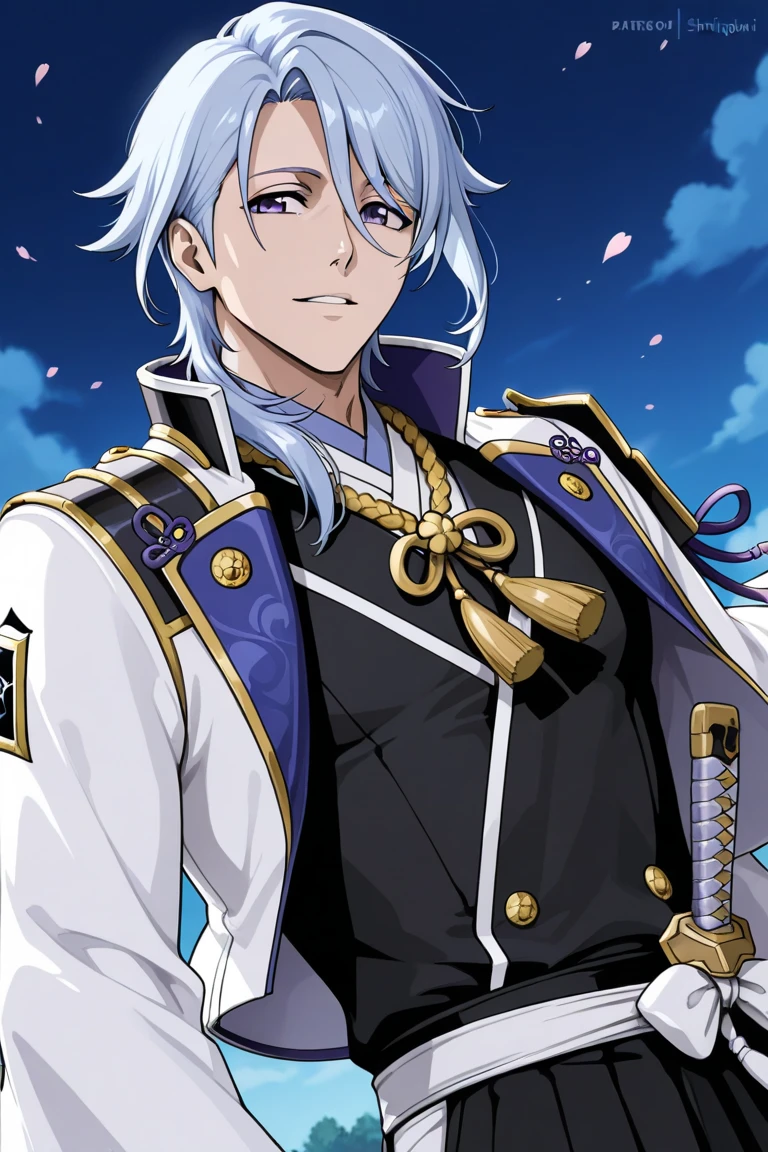 masterpiece, best quality, solo, 1boy, looking at viewer, smile, <lora:YamatoV2_Fp:0.9>, yamatodesu2, necktie, gloves, black uniform, <lora:FE-ENGAGE S Rank_Fp:1>, sky, cloud, outstretched arm,