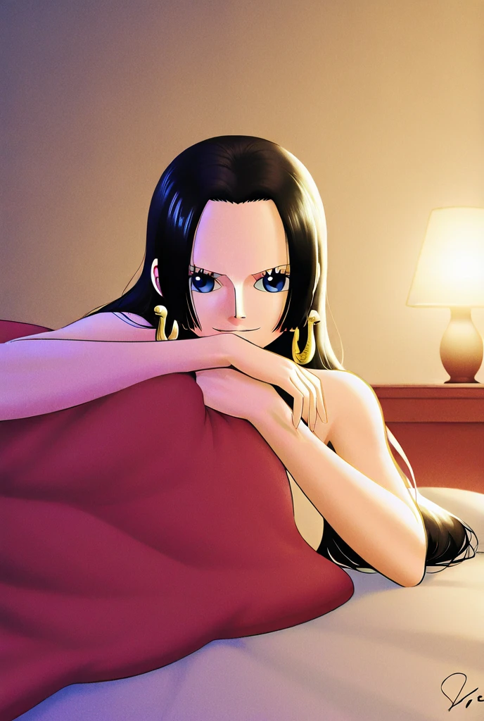 Nico Robin from one piece, wearing red Indian saree , shoulder-length black hair styled in a classic hime cut , on a bed , romantic surrounding, Laying on the bed , photo session , blue eyes, black eyelids, sexy expressions , one adult mature women, human body structure , no ornaments, steam in room , sweating