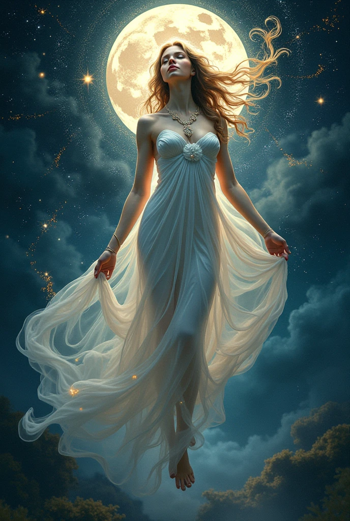 Lojra woman holding her chest with her left hand and one hand towards the sky and a moon with the starry sky, delicate white dress with an antique belt and a crown on her head  
