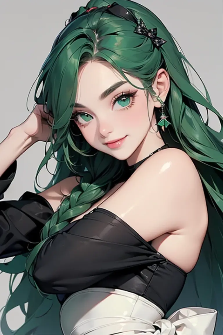 21 year old girl that has green wavy hair and looks like Angelina Jolie and Brad pitt's daughter but she's not hegemonically beautiful she might look pretty to some but not all, also give her high cheekbones, a rather round but sharp face, brown eyes and dark skin