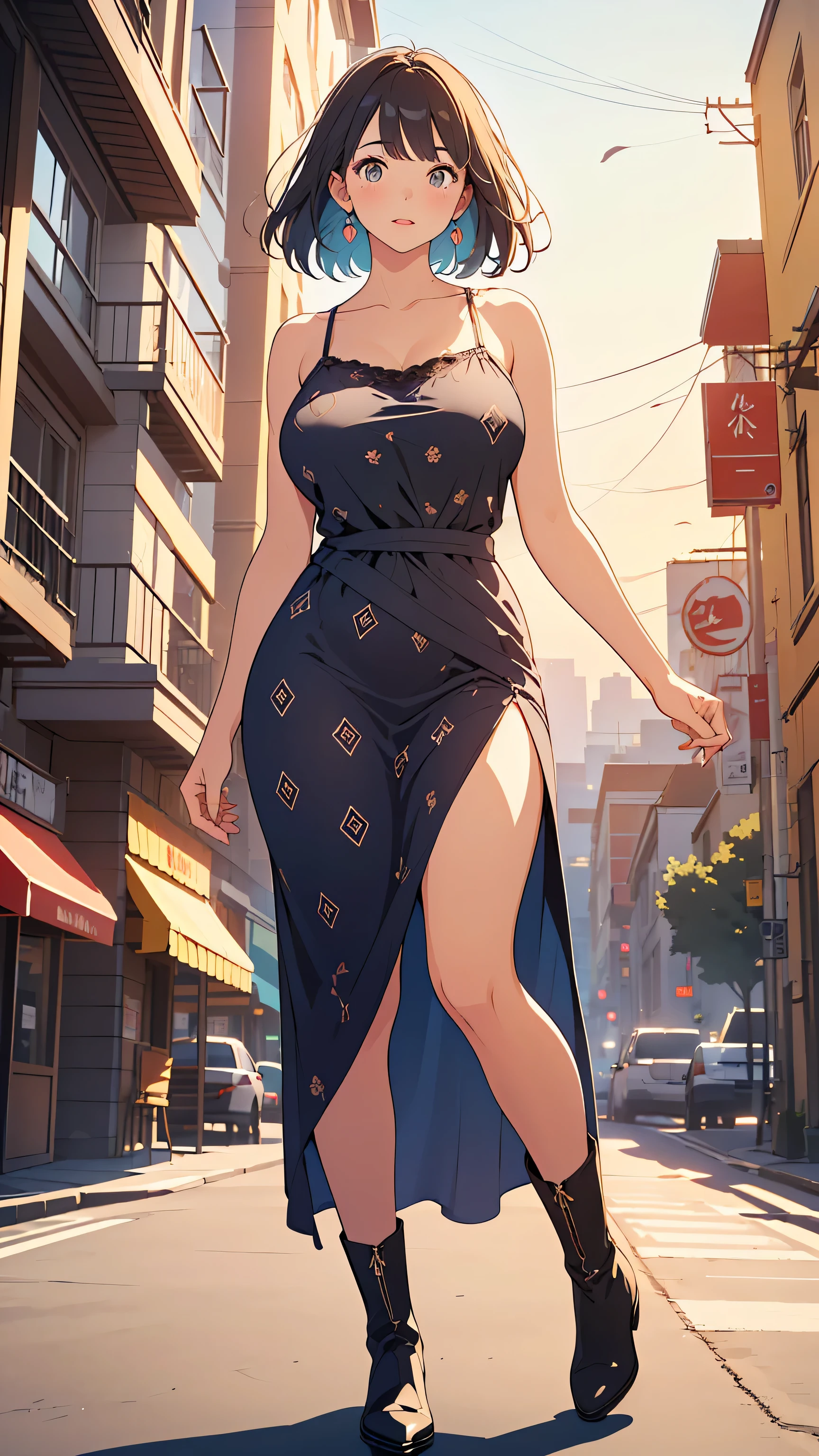 masterpiece, best quality, This is an illustration of the city, Nostalgic Photos:1.5, ((contoured with very fine lines :1.3)), very accurate, fine section , high resolution, 8k Wallpaper, SLR camera , perfect dynamic configuration, detailed expressions , beautiful eyes down to the smallest detail, Real Costumes , (Random Color, cute, long dress, Camisole style design, Simple Pattern:1.3), ( slightly, long hair, good for shiny hair,loose braids ), ( big natural breasts:1.3), plump breasts , ((Model-like waist)), (28-year-old woman), (holding the hem of the dress with both hands:1.3), (embarrassing:1.3), natural colored lips, (Around town, no one:1.3), thighs, (), ((black long boots)), , looking up at a woman from the ground, Photo from below, wind will roll up your skirt:1.5, lift up skirt by wind,