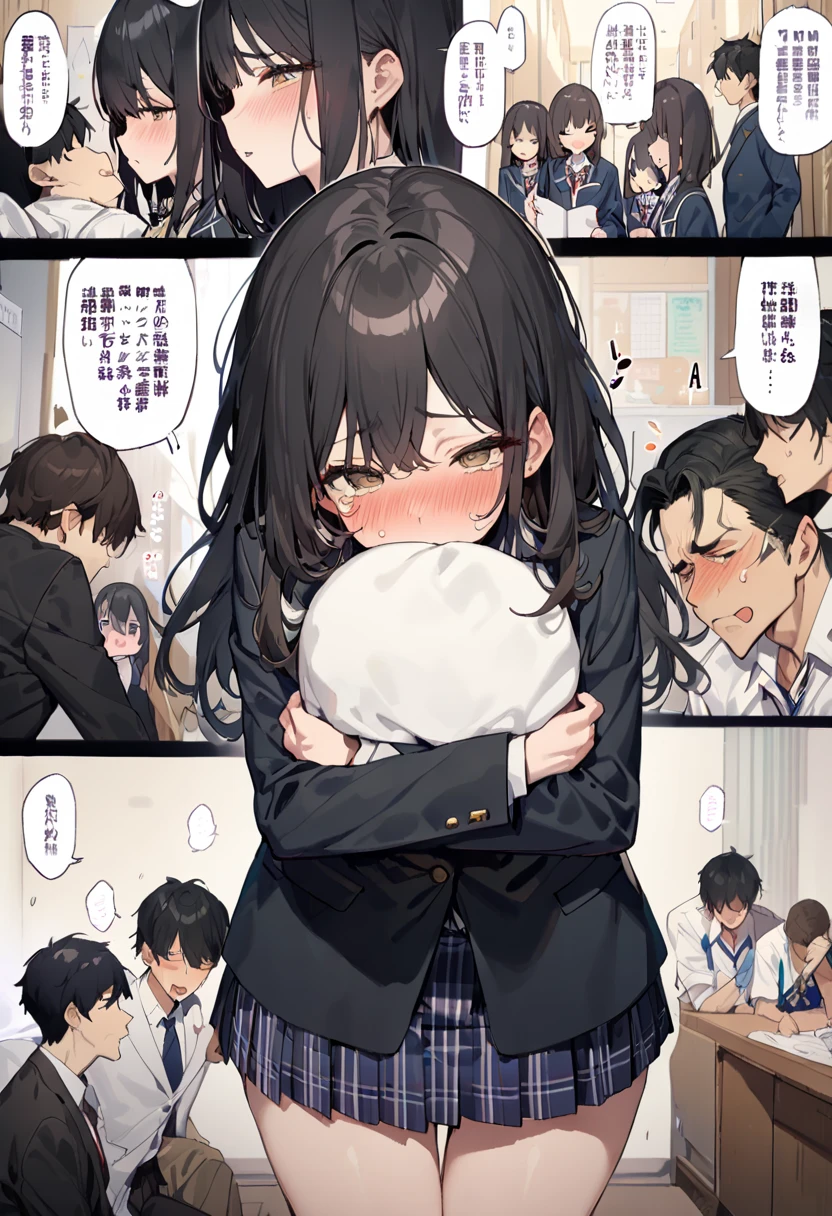 A male student holds a girl with short black bob hair and modest pubic hair in a chokehold from behind as she cries in protest, while another male student tears her blouse open and touches her body through her exposed bra and panties.、Standing posture