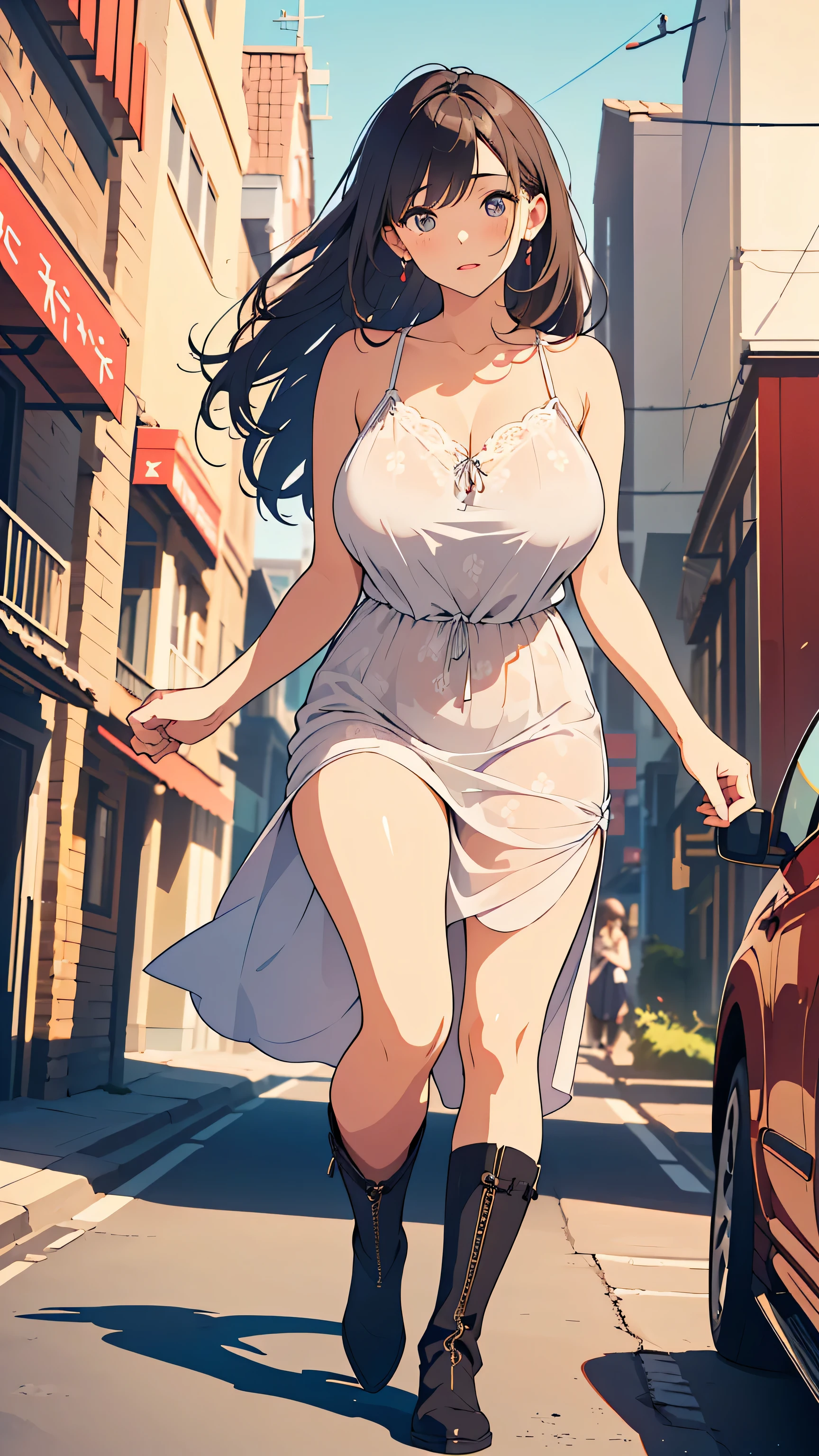  masterpiece,  best quality,  This is an illustration of the city,  Nostalgic Photos:1.5, ((contoured with very fine lines :1.3)),    very accurate,   fine section ,  high resolution,   8k Wallpaper,    SLR camera    ,   perfect dynamic configuration,      detailed expressions   ,  beautiful eyes down to the smallest detail,  Real Costumes    , (Random Color, cute,  long dress, Camisole style design, Simple Pattern:1.3), (   slightly, long hair,  good for shiny hair,loose braids ), ( big natural breasts:1.3),  plump breasts , ((Model-like waist)), (28-year-old woman), (holding the hem of the dress with both hands:1.3), (embarrassing:1.3),  natural colored lips, (Around town,  no one:1.3),  thighs, (), ((black long boots)), , looking up at a woman from the ground, Photo from below, wind will roll up your skirt:1.5, lift up skirt by wind,