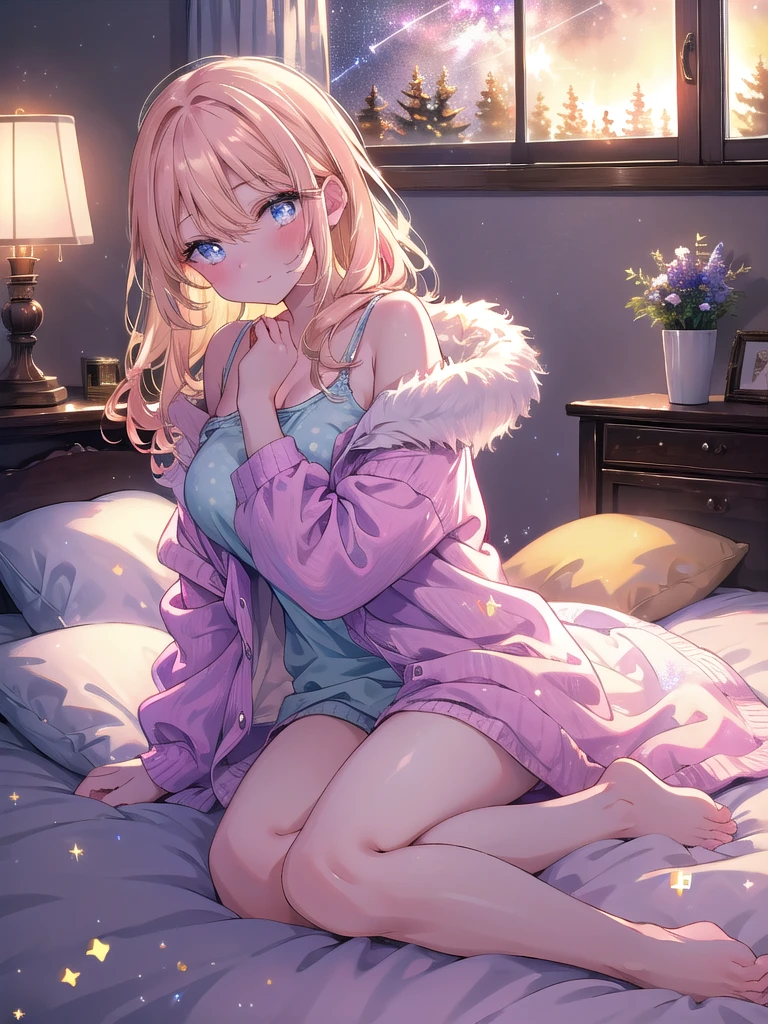 ((8k, Highest quality, masterpiece: 1.3)),Ultra-high resolution,(1 girl, alone), (Color changing eyes, Ultra-detailed, Expressive brilliance, Glitter, Glowing Eyes), Highly detailed eyes, Highly detailed face, Random Hair, ((pastel colour))Whispered Goodnight
The woman is lying on her side, facing the camera with a soft, loving gaze as she whispers a quiet goodnight. She’s dressed in a simple, loose tank top and pajama shorts, her hair down and slightly tousled from the day. The room is dimly lit by a warm, soft bedside lamp, casting a gentle glow that enhances the intimate, cozy feel of the scene. Outside the window, the sky is dark, with a few stars twinkling softly, adding to the peaceful atmosphere. She reaches out towards the camera as if to touch her boyfriend’s face, her expression filled with affection and warmth. The bed is a cozy nest of blankets and pillows, inviting her to settle in for a restful night’s sleep. As she closes her eyes, a contented smile lingers on her lips, signaling the end of a perfect day.