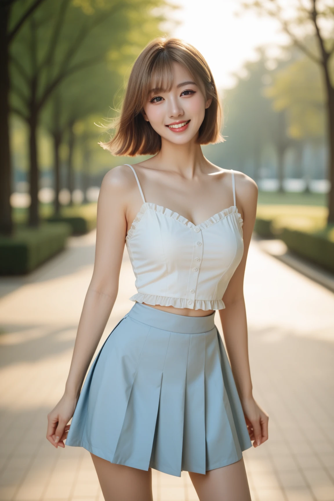 (detailed,Clear lines,highest quality, masterpiece,Bright and light, ROMANTIC atmosphere,sunset、Canon Photo Crystal Clear ,(Realistically:1.2), (Red Casual Mini Skirt Dress)、Action pose、rather huge breasts, Take a full body photo, kind & seductive smile、Glamour body type、Medium Short Hair、tunnel, bokeh, SFW)