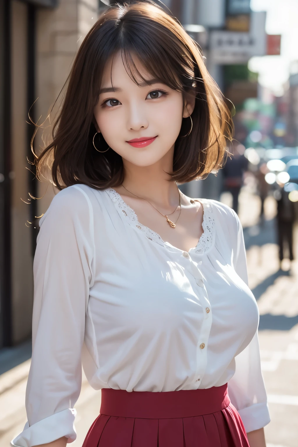 (((Casual open-collar shirt))),((Highest quality)), Realistic, Very detailed, In detail, ((High resolution)), 8k,((smile)),((upper body)),Beautiful, well-shaped eyes,(Korean women),((sexy)),Beautiful Skin,Detailed face,(Glamour),short hair,Brunette colored hair,20th Generation,Glamour system,Bust size: 87cm,Neat stenosis,((Urban area、the way))、necklace、Earrings
