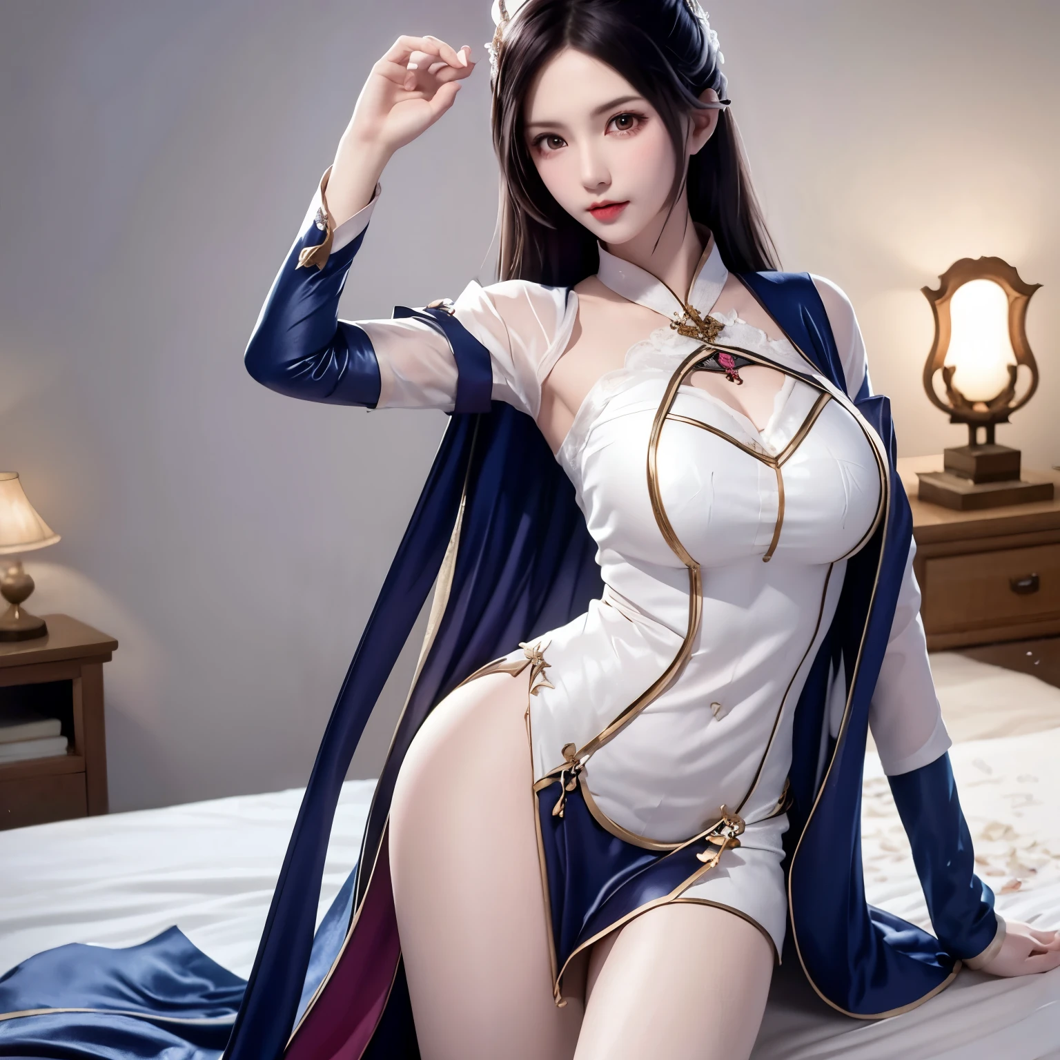melted, One Woman, blue eyes, Large Breasts, Eyes visible through hair, Hair Intake, bangs, Purple Hair, amount, Very long hair, Twin tails, parted bangs, Hair Ribbon, Hair Ribbon, beautiful, beautiful woman perfect body, Her breasts are perfect, Wearing a Chinese dress, Gorgeous, beautiful, expensive, very beautiful, Wear earrings, walking the red carpet, smile, realism, masterpiece, Textured Leather, Very detailed , Attention to detail, high quality, 最high quality, 1080P, 16K