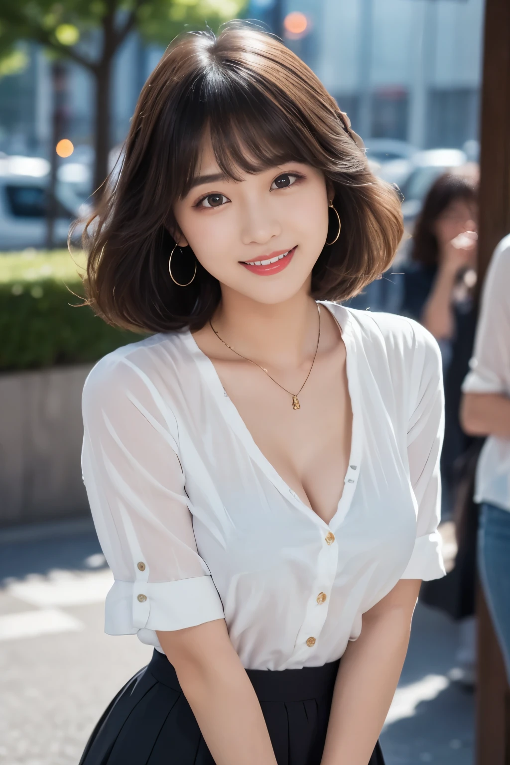 girl, White skin, ((Dark brown short tiered hair)), V cut with layers and bangs, Brown eyes, Soft atmosphere characteristics (Highest quality, Ultra-high resolution, 8K, RAW Photos, Ultra-high resolution: 1.2, masterpiece: 1.3), (Realistic, Realistic: 1.37), Very detailed, Professional Lighting, Photon Mapping, Radio City, 物理ベースレンダring, One Girl, (high school girl), Sharp focus:1.2、Beautiful woman:1.4,cute, Nice, Adorable smile, Normal chest, Cross Necklace、Earrings、ring,Selfie,(Cleavage)、((Dark brown short hair), (rooftop, At dusk, Orange sky, White blouse, Denim skirt, Relaxed facial expression)
