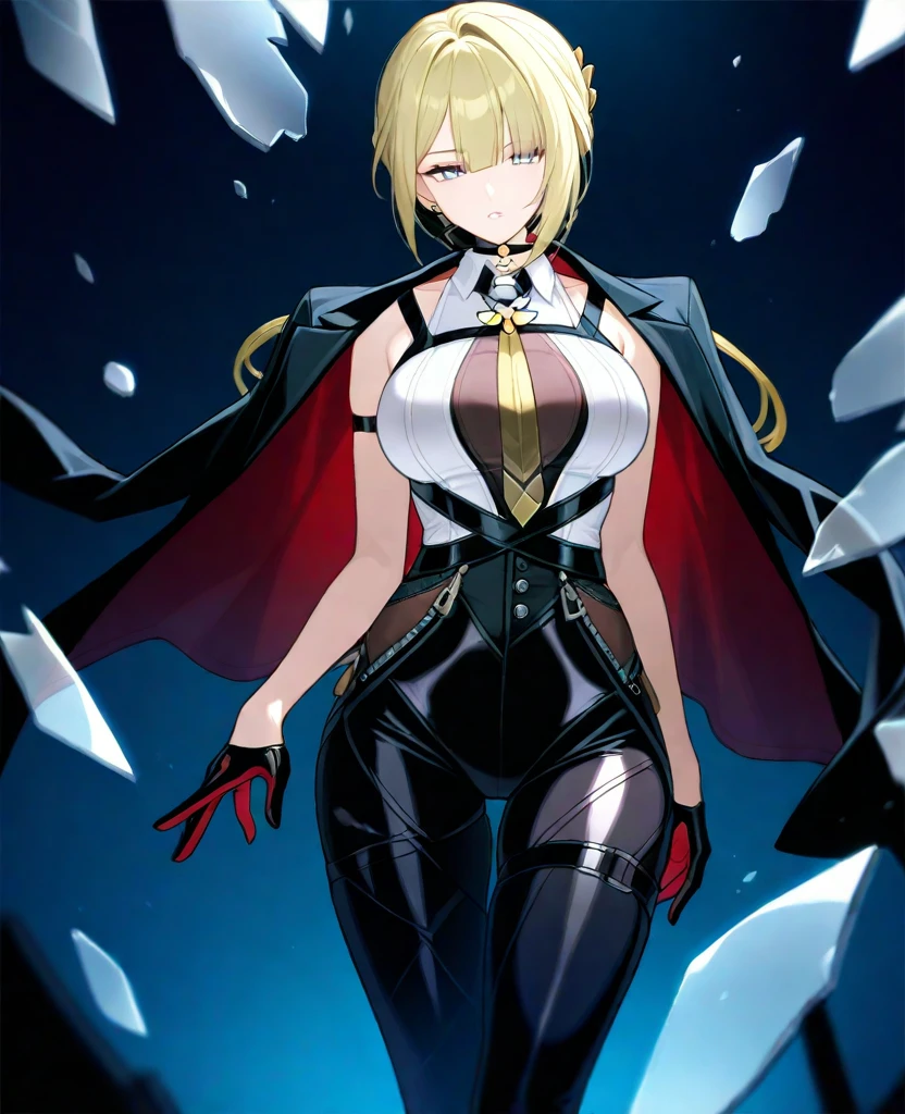 ((1girl)),((alone)),desumi magahara,(masterpiece), (best quality), (ultra detailed), (best illustration), (best shadow), (absurdities), sharp focus, cowboy photo , looking at viewer, large breasts, narrow waist, wide hips, wide thighs, round butt, dynamic stance, short hair, blonde hair, green eyes, black gloves, pink suit with black details, cleavage, cape, boned trim, full length waist elbow-length gloves, thigh-high stockings, thigh-high boots, black boots, black suspenders, choker with skull detail, pink leotard with black details, black cape, seductive smile, closed mouth, (sexy pose: 1.2), alone, standing: 1.3, outdoor, night, cityscape, city, streets, city lights, looking forward, ((focus on hips), point of view (from middle), red blush, perfect anatomy, hands perfect