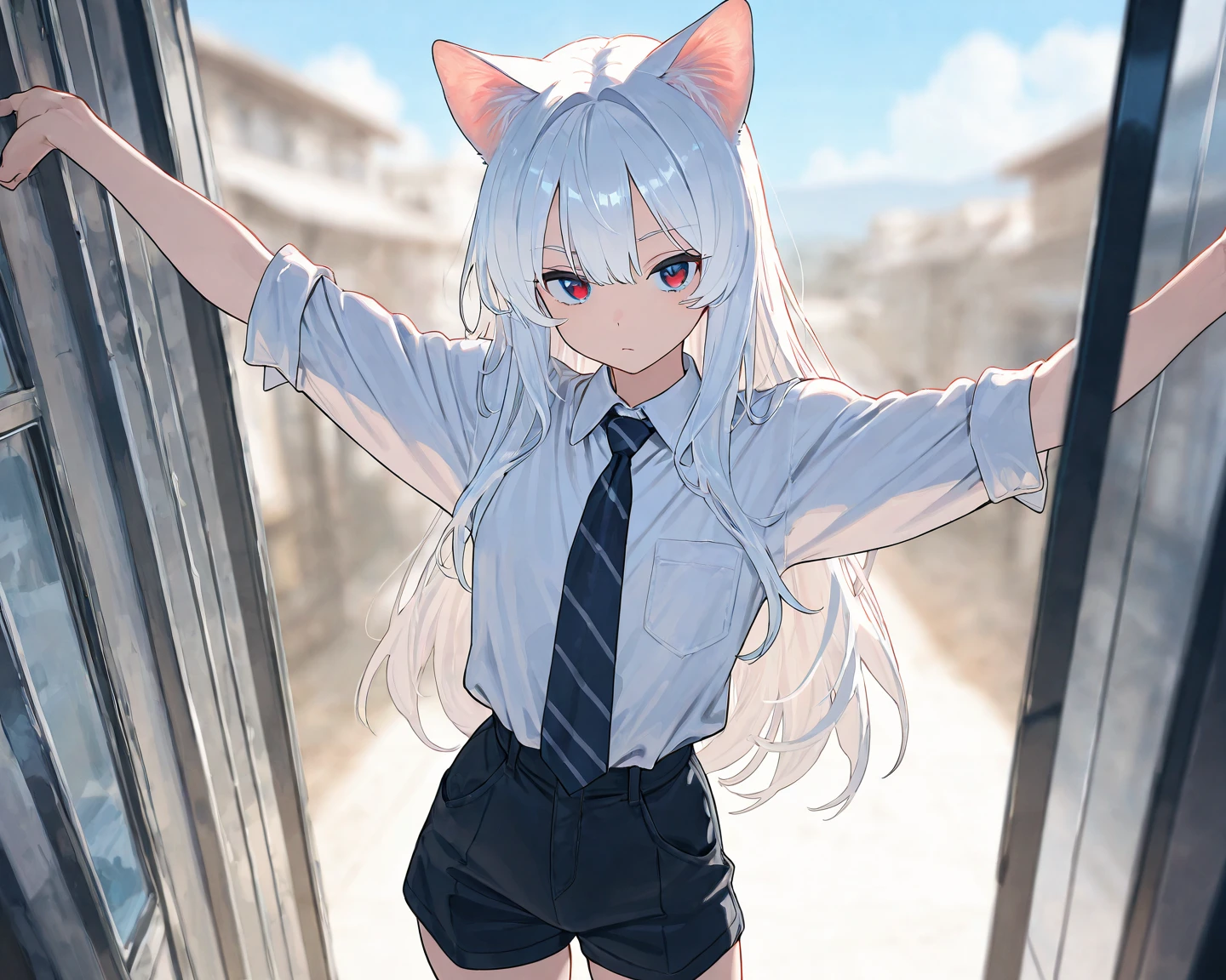 1girl, cat girl, cat ears, cat tail, pink eyes, white hair, :3, on rooftop, beautiful town,