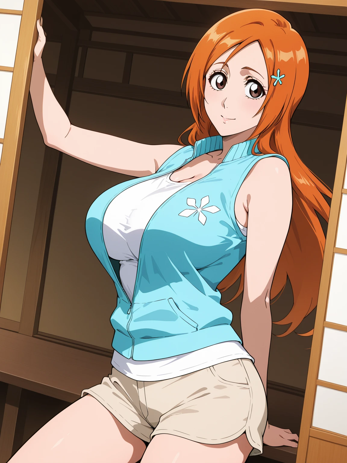 Orihime, sexy woman, mature milf, huge breasts, large breasts, curvy, voluptuous, tanktop (neckline, navel and stomach), highleg panties thong, sweating, shiny skin, grinning, dynamic pose, solo focus, house interior, male room, indoor