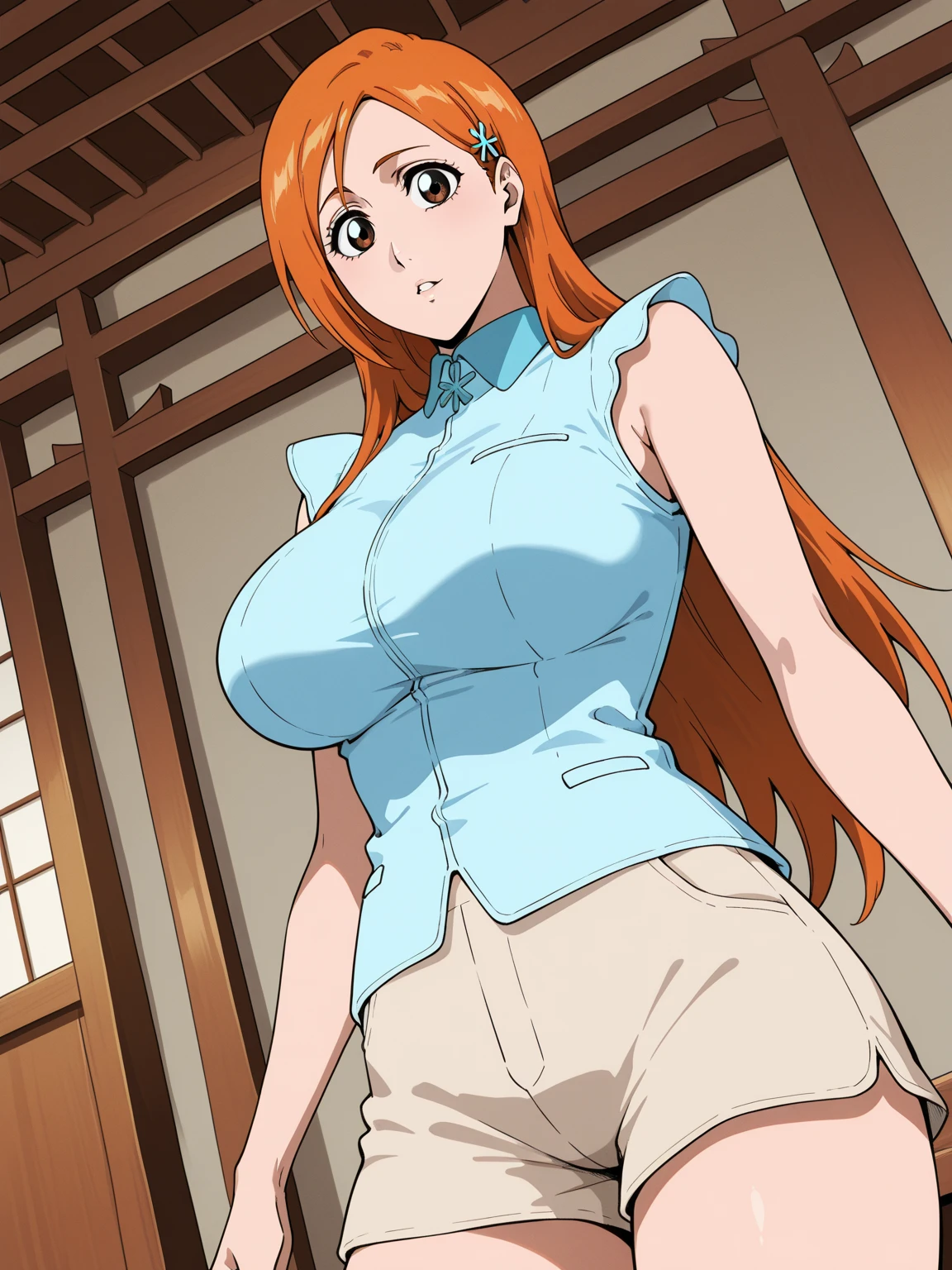 crouched on the floor, (blue slave outfit), indoor japanese room, indoor japanese background, Terumi Mei, the 25, mature women, standing alone, Hiromitsu Takeda, Estilo, anime sky style, best qualityer, high resolution, (breasts big:1.3), cowboy shot, blush, smiling, Fine body, long hair, chestnut hair, greeneyes, ((hair over one eye)), pink lipstick