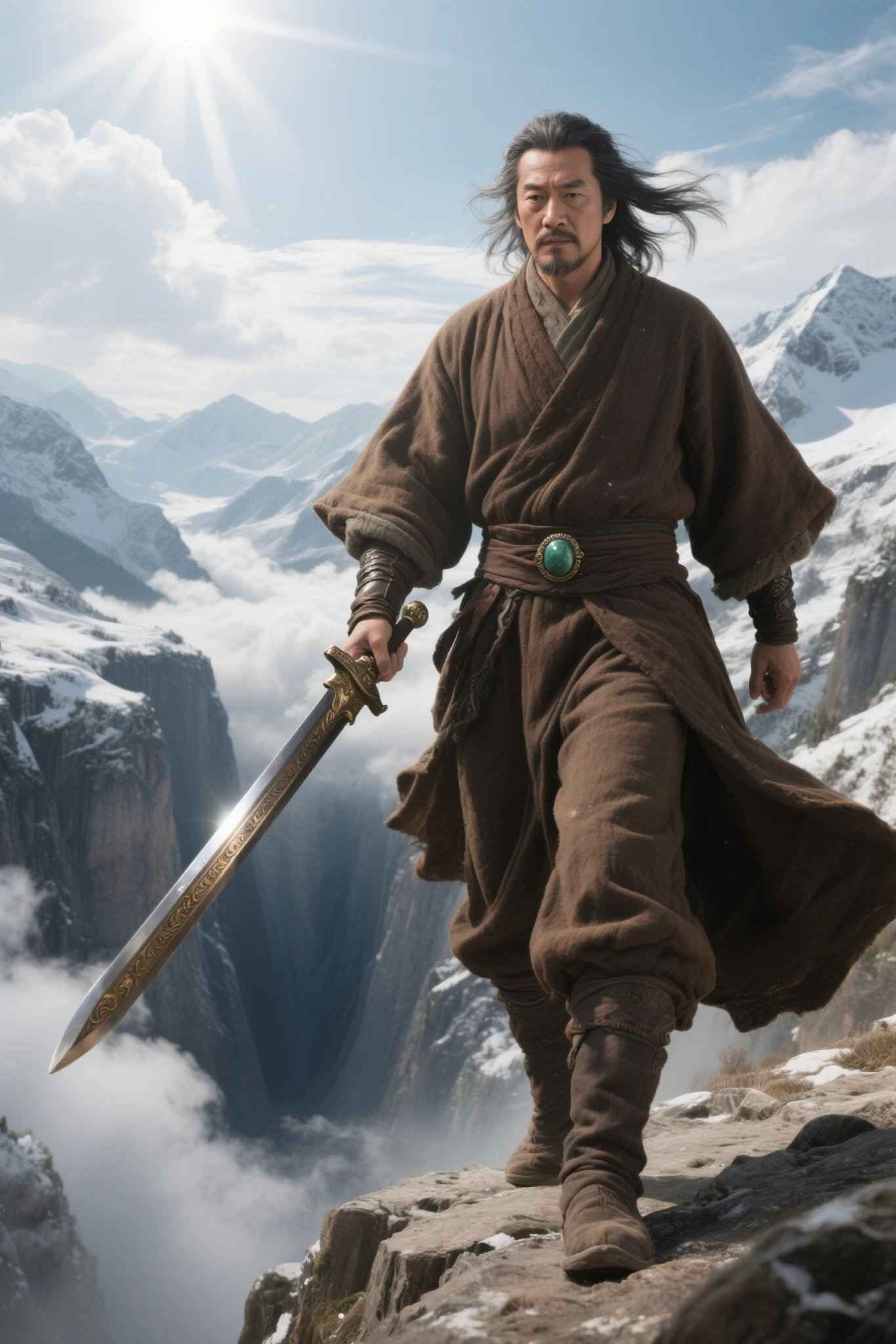 The sun shines through the clouds of a middle-aged knight,He stepped on an ancient bronze sword,The brown thick cloth robe swings with the wind,when the jade on his waist collides and makes a crisp sound。Below was a bottomless canyon,The clouds surged like waves at the bottom of the valley,The snowy mountains in the distance shines in the sun,The picture captures the details of the reflection of the sword body and the fluttering of the character's hair,with the texture of a movie poster