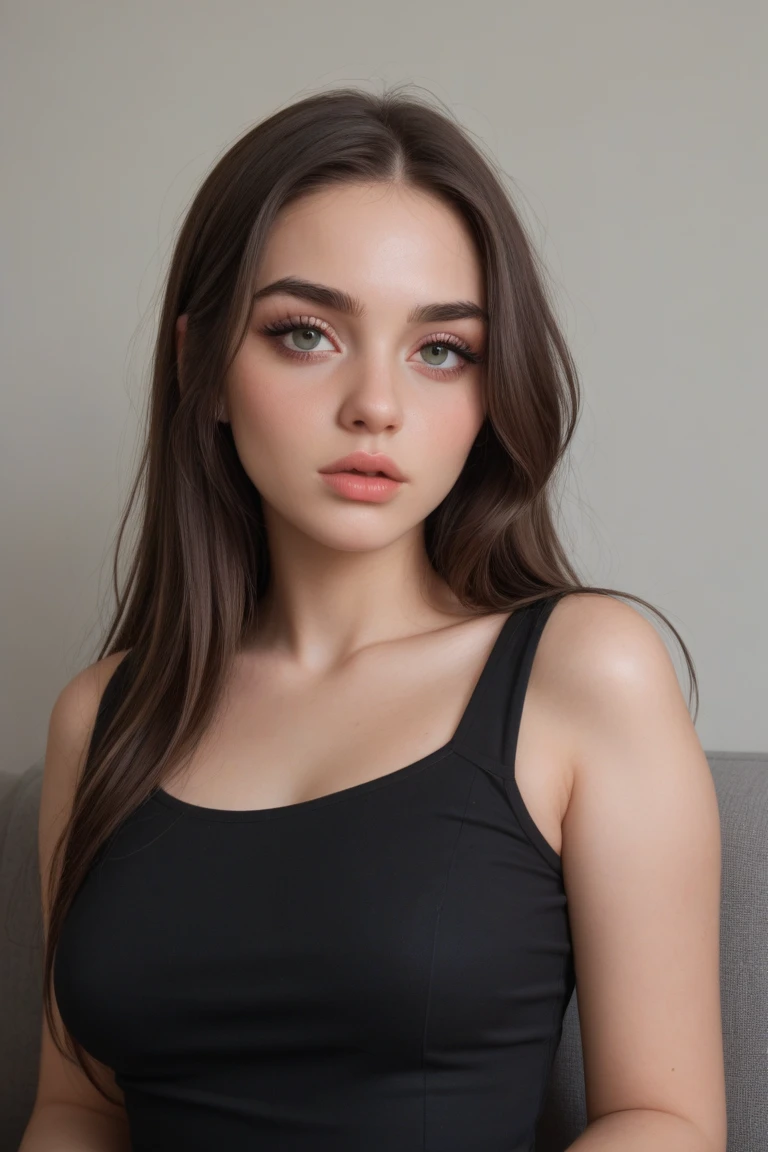 (best quality, ultra-detailed, photorealistic: 1.39), bright and vibrant colors, studio lighting, romantic expression, An effeminate girl, with a delicate and beautiful face. She is a girl who reflects seductive beauty, she has light green eyes, has a thin body, but well designed, your skin is tanned and very pale. her hair is black with two side buns, likes to wear makeup, ((Wear a black choker)), outfit emocore, she wears a cute pleated skirt, lace high socks, band t-shirt, school