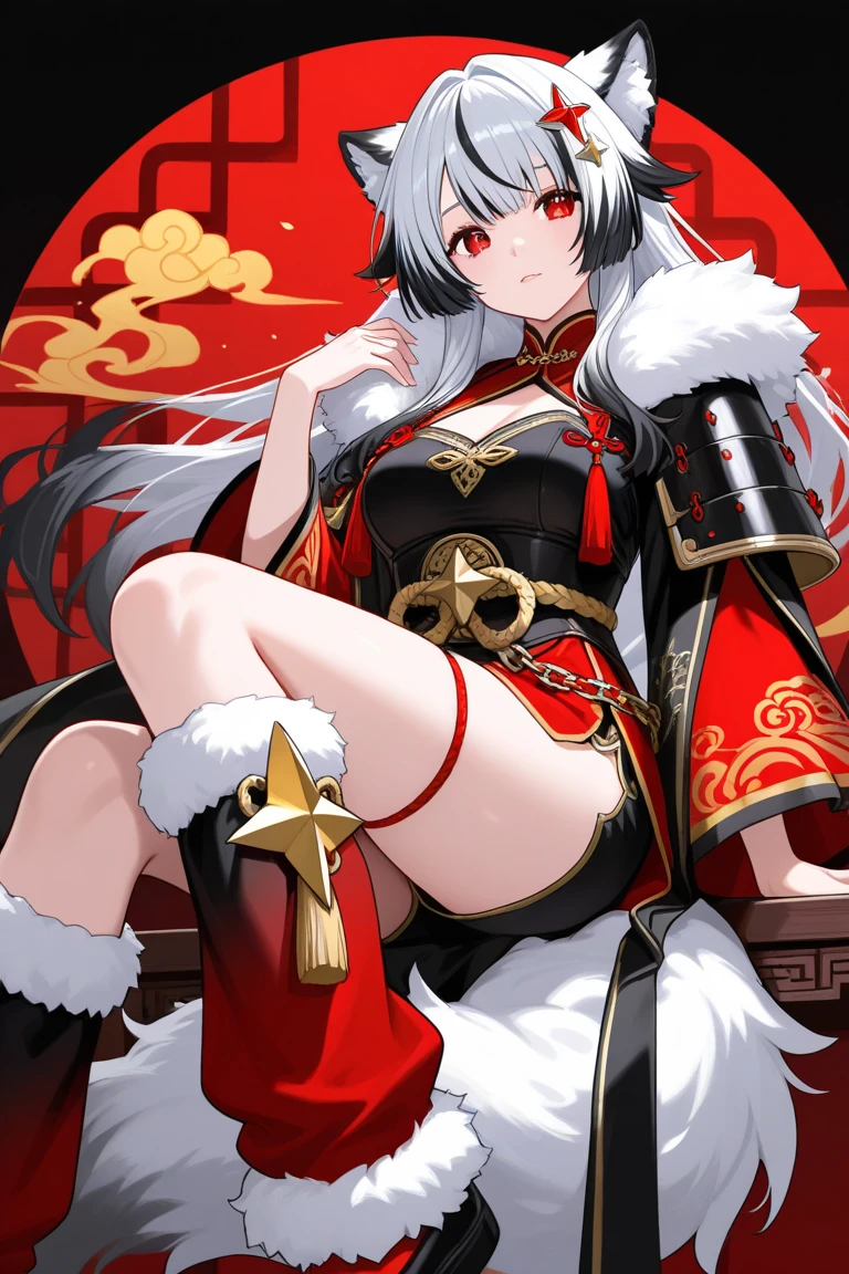 Premium gray,color difference,Dark style,onmyoji。
Background with:skelleton,Ghost fire。
(one-girl),with short white hair,(An off-white skinned),eye shadows,fox ear,fox tails,
(Black and white kimono+Furs),
latex legwear,clogs,
Latex red gloves,Spider pattern,
(Prayer beads),Yupei,(Fox Kamen),
(short red dress+Cloud pattern),
(Rune paper),Copper mirror,red string,Carillons,