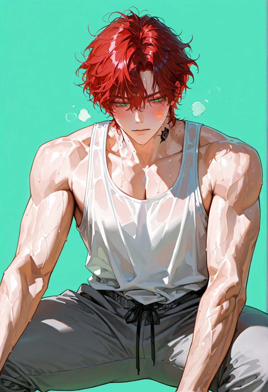 A muscular orange haired man with orange eyes and orange fox ears and an orange fox tail in splashing in a cool t-shirt and shorts is holding a seashell at the beach
