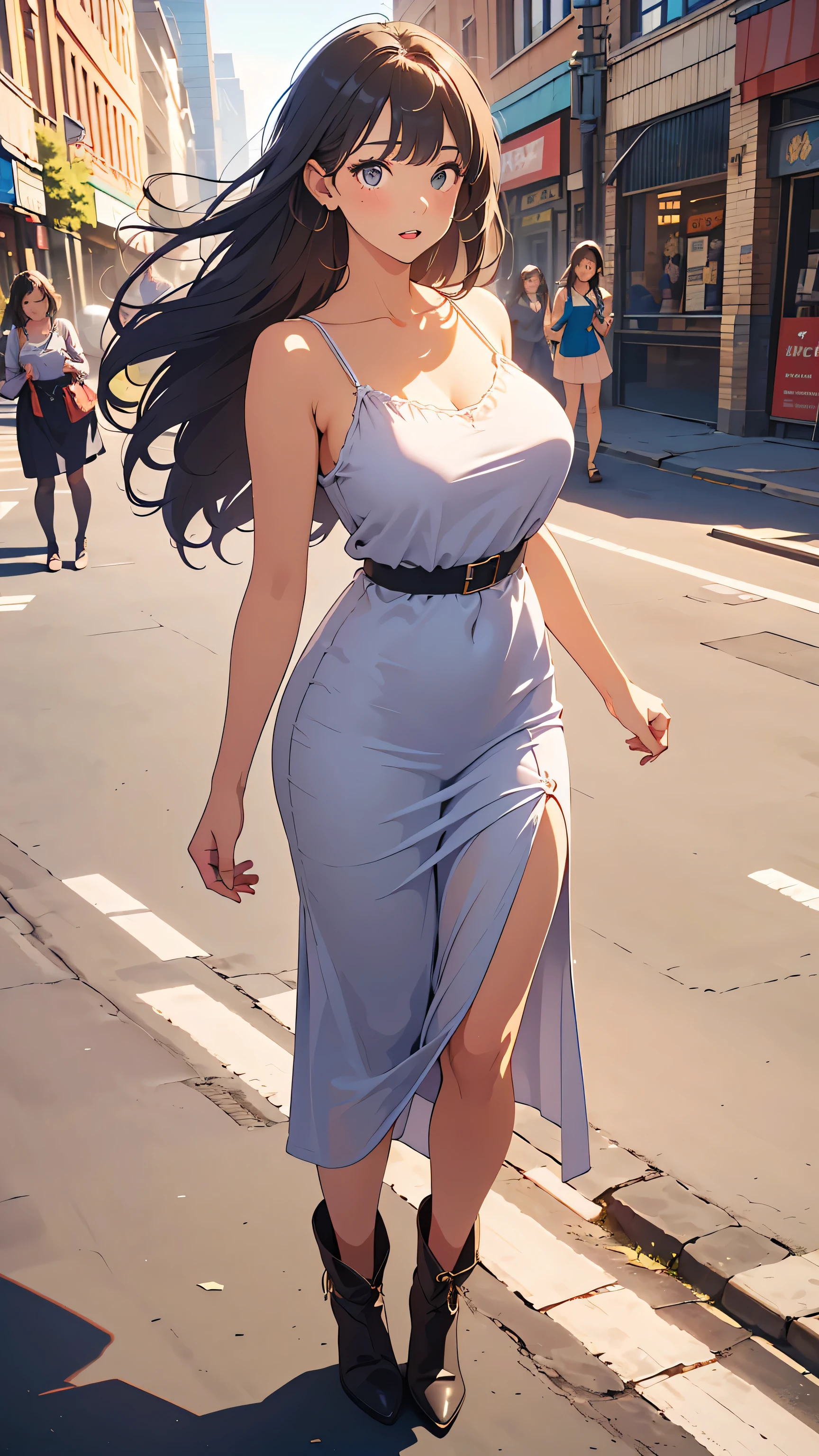  masterpiece,  best quality,  This is an illustration of the city,  Nostalgic Photos:1.5, ((contoured with very fine lines :1.3)),    very accurate,   fine section ,  high resolution,   8k Wallpaper,    SLR camera    ,   perfect dynamic configuration,      detailed expressions   ,  beautiful eyes down to the smallest detail,  Real Costumes    , (Random Color, cute,  long dress, Camisole style, Simple Pattern:1.3), (   slightly, long hair,  good for shiny hair,loose braids ), ( big natural breasts:1.3),  plump breasts , ((Model-like waist)), (28-year-old woman), (holding the hem of the dress with both hands:1.3), (embarrassing:1.3),  natural colored lips, (Around town,  no one:1.3),  thighs, (), ((black long boots)), , Staring at a woman from the side, side view, wind will roll up your skirt:1.5, lift up skirt by wind,