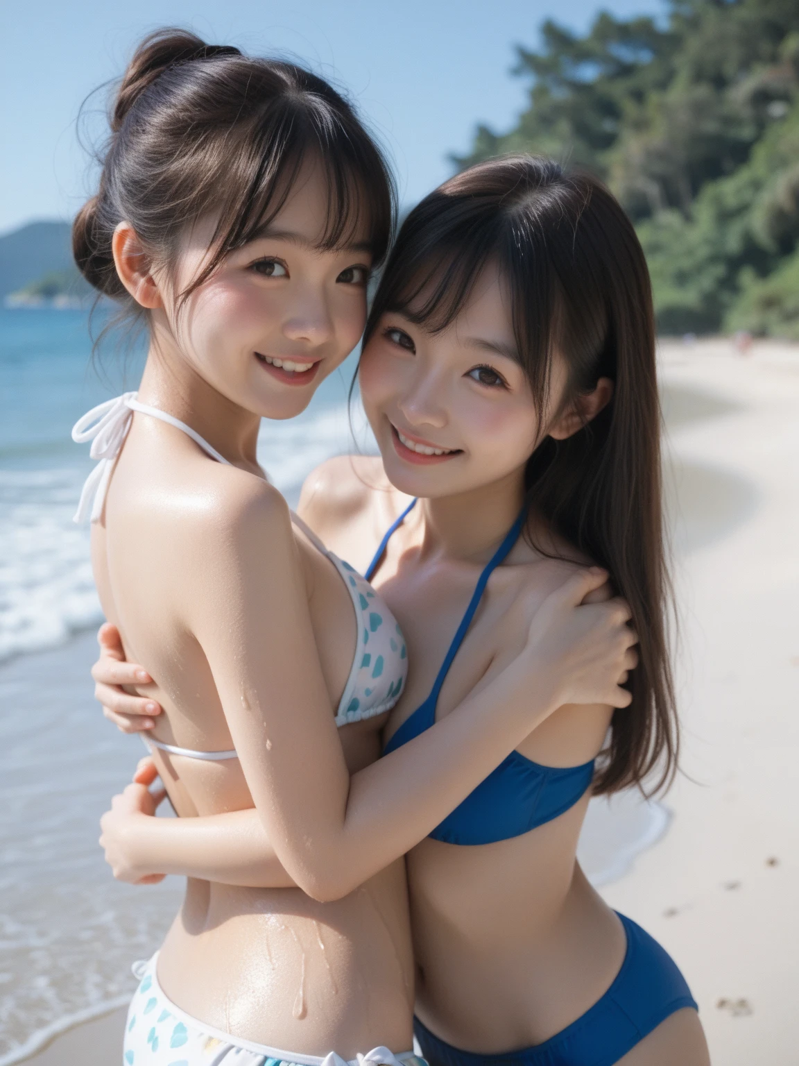 8k, RAW photo, best quality, masterpiece, realistic, photo-realistic, clear, professional lighting, beautiful face, best quality, ultra high res
(((hug))), (((2 girls))), japanese, smile, happiness, joyful, bikini, 20 years old, pretty face, cute face, beautiful face, 8 heads, gravure, medium breast, medium hair, fantastic southern island, angle of looking at the sea from the sandy beach, Each person has two arms and two hands.