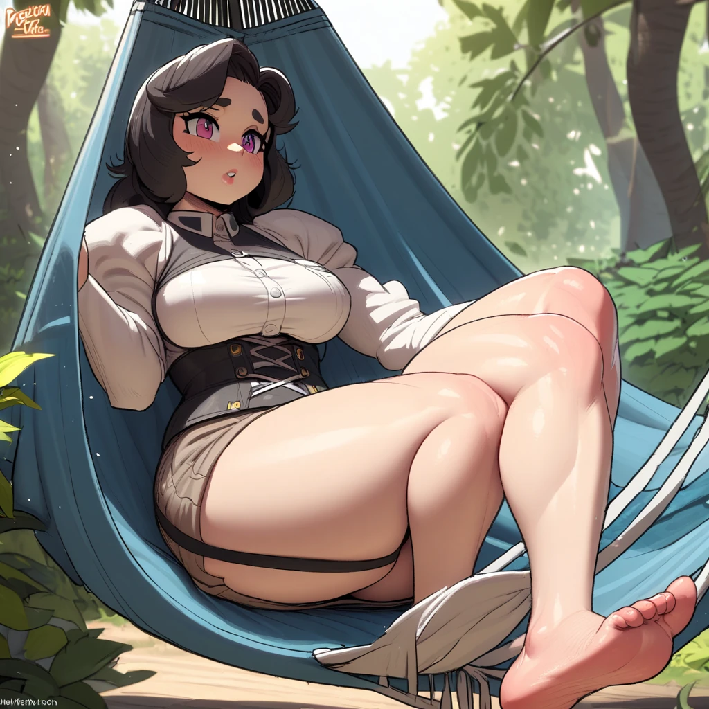 Naked woman with super huge tits hides behind a huge tree, spreads her legs wide open and starts to rub her clit