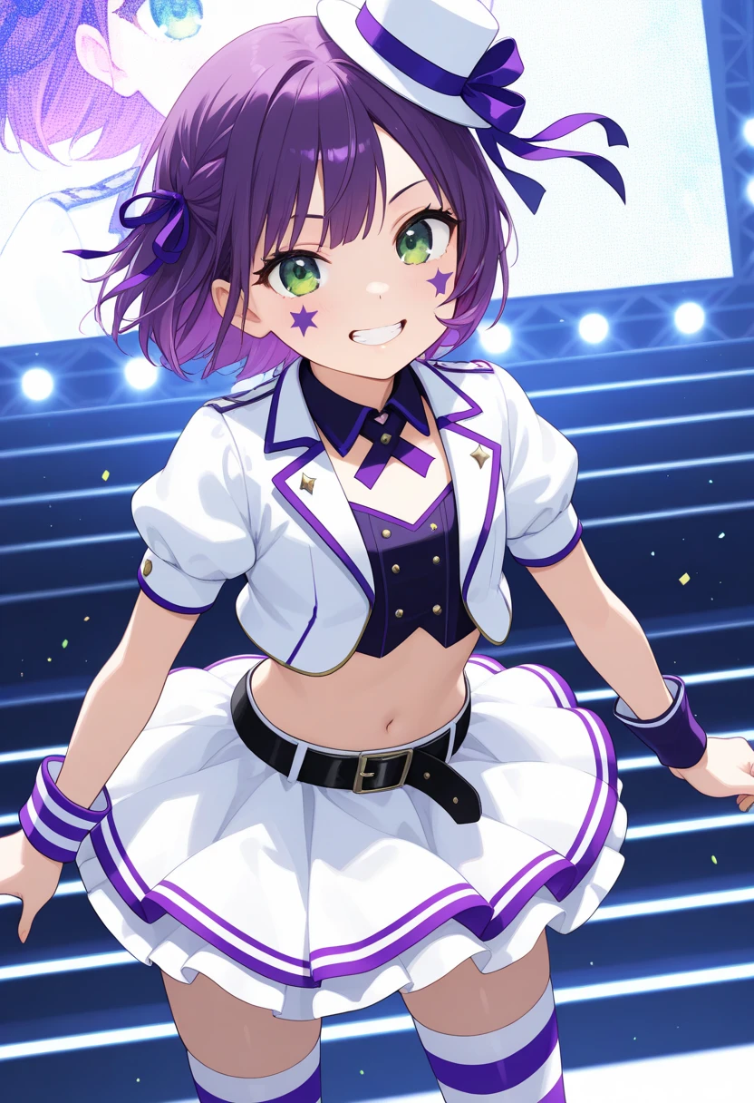 best quality, masterpiece, detailed,
Crocell Kerori,
smile, open mouth, teeth,
multicolored hair, purple hair, short hair, blue eyes, horns, pointy ears,
KuromuDress, bow, navel cutout, bare shoulders, demon wings, white thighhighs,
standing, looking at the viewer,
stage, music, idol