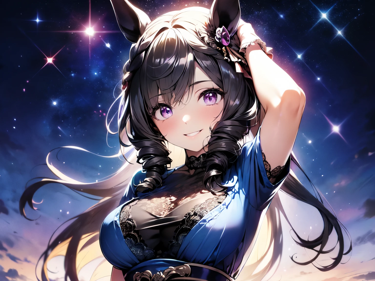Girl. (With horse ears: 1.5). (With horse tail: 1.5). (Slender. Nice breasts: 1.5). (Black hair: 1.5). (Arms down: 1.5). (Hands behind back: 1.5). (Blue short sleeve dress with beautiful sheer lace: 1.5). (Wearing a beautiful sheer lace tiara: 1.5). (Black gloves with beautiful sheer lace: 1.5). (Black pantyhose with beautiful sheer lace: 1.5). (Smiling. Looking at camera: 1.5). (2DCG artwork). (Purple background. Amethyst crystals. Starry sky: 1.5). Exquisite anatomy. (Amazing. High quality. High resolution). (Upper body)