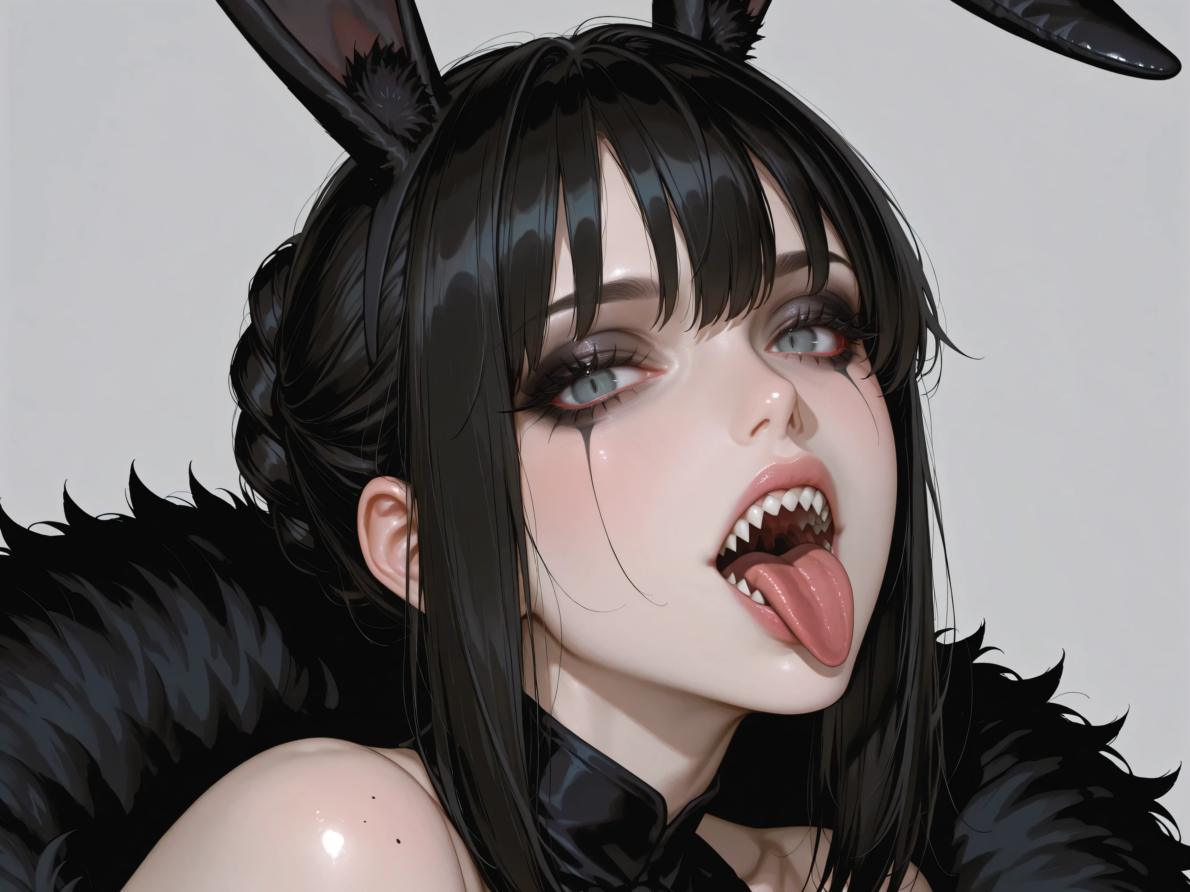 (high quality, 8k, 4K, high contrast, artwork:1.2, high quality, best aesthetics), (dynamic angle), ((1 woman)), erotic, sensual, mature body, super detailed, beautiful face detailed, beautiful eyes detailed, detailed beautiful mouth, sexy body, perfect breats, (long black wavy hair), (black eyes), (sexy expression), (penetrating gaze), (black eyeliner), (black eyeshadow), (black sleeveless bodycon costume), (black sexy playboy bunny suit), (black bunny ears), (close-up), (focus on face), (centered), (looking at the viewer), (inside a bedroom), (eating a carrot), (carrot in mouth)