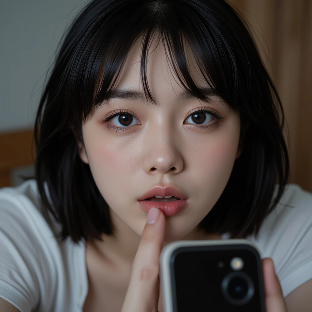 there is a woman taking a picture of herself in the mirror, Fotografia selfie 8k, 🤤 retrato da menina, imagem do iphone, 1 7 - year - old anime goth girl, Tiro com iPhone 1 0, iphone selfie, foto no iphone, franja encaracolado, selfie de uma jovem mulher, com olhos furantes ansiosos, Capturado no iPhone, Ulzzang, Dom Yunjoo