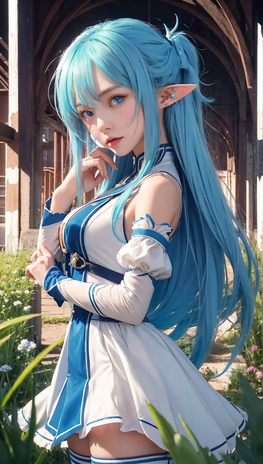 8k,Close-up of a woman in a blue and white dress、Draw your sword,Blue Hair, Super Beauty,(Like the real thing)blue eyes,ponytail,Chengwei Pan at Art Station、 By Yang Jo、 Detailed fantasy art、Amazing character art、 Fan Art Best Art Station、 Gorgeous and detailed character art、 Beautiful Armor、Highly detailed art gems、 Detailed digital animation art、 Art Station pixiv's artgerm、 Girl in armor,Dynamic Angle,Ultra-high resolution,Laugh out loud,Realistic Skin,attractive,Sexy,Active,Rich colors, Backlight, Cinema Lighting, Film Grain, 50mm lens, Nikon D850,Ultra-high resolution,Ultra-realistic,compensate,Super sexy,Big eyes,Beautiful breasts,Dynamic pose,