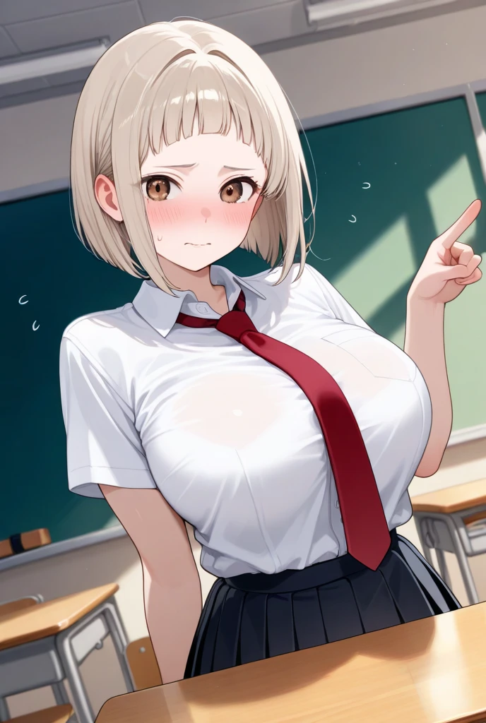 (8k、Highest quality、highest quality、masterpiece)、Detailed face、One girl、 Blonde、short hair、Short Bob、brown skin、blunt bangs、Grey Eyes、smile、((Grin))、Super big breasts、((white shirt))、((red ribbon))、((Pleated skirt))、((school uniform))、Cowboy Shot、((bent over))、Back Alley Background、Very large breasts、blush、Embarrassed、Exposing the breasts、Bare your breasts、Nipples、No panties、Full body portrait、Black knee-high socks
