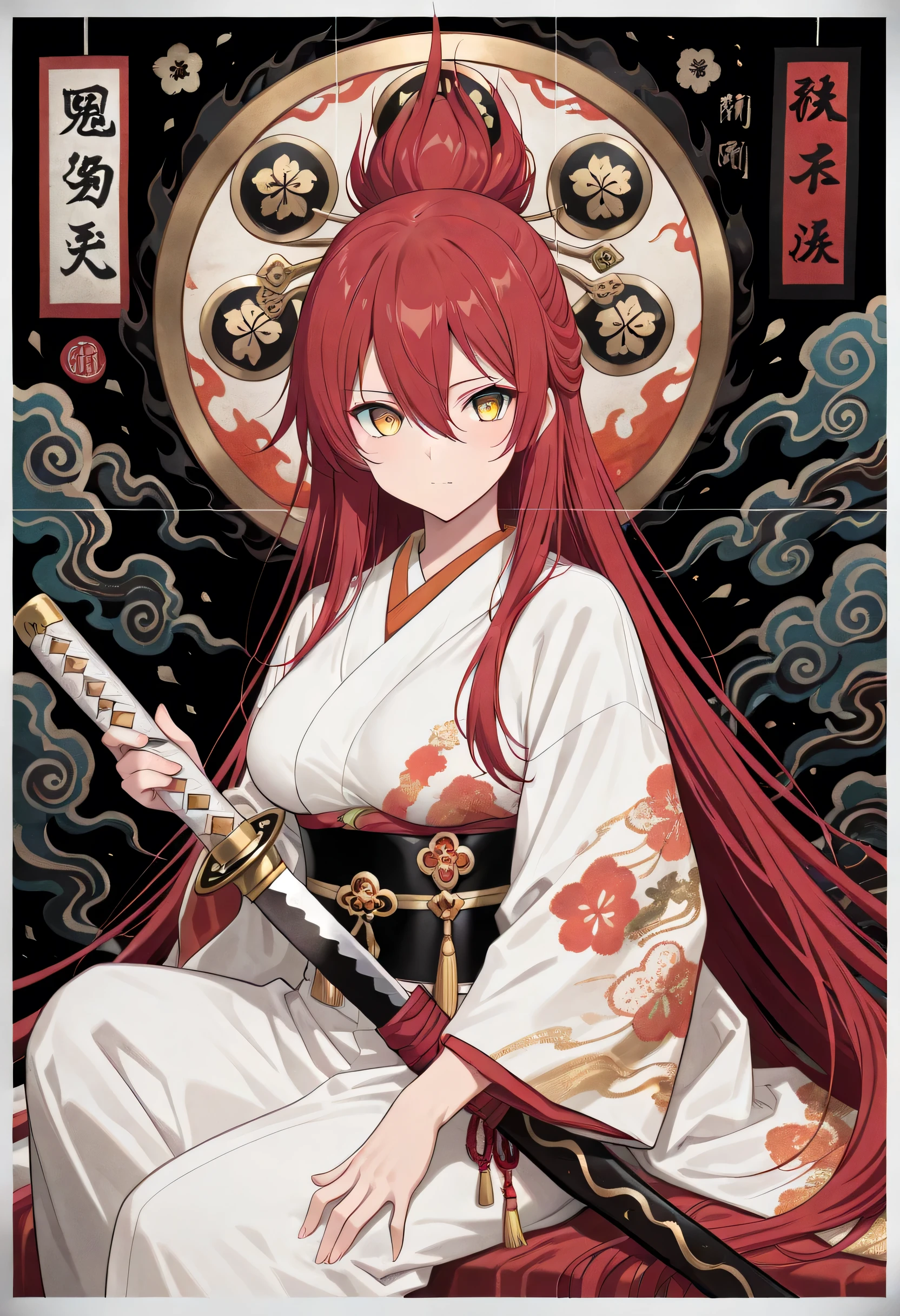 1 girl , golden eyes , very long hair , long sidelocks, red hair ,half updo, petite , very cute , beautiful ,Straight hair, cool, handsome, hair between eyes, sexy, ((medium large breast)) ((japanese clothes)), samurai, katana, holding katana, sitting, looking at viewer, (masterpiece:1.2), (best quality:1.2), (very aesthetic:1.2), (absurdres:1.2), (intricate details:1.2), (beautiful eyes, detailed eyes:1.2), cinematic lighting, cinematic angle, cinematic shadows, soft light, color detail, intricate colors, vibrant colors, sharp focus, ,Ink Style, best quality, soft lines, clear details ,traditional japanese art, fighting stance
