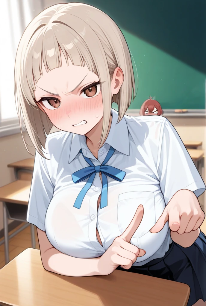 masterpiece, best quality, very aesthetic, absurdres, newest,1girl, huge tit, pleated skirt, shirt tucked in, tented shirt,penis_shadow_on_face,(face closeup:1.3),silver wolf,in a restaurant,