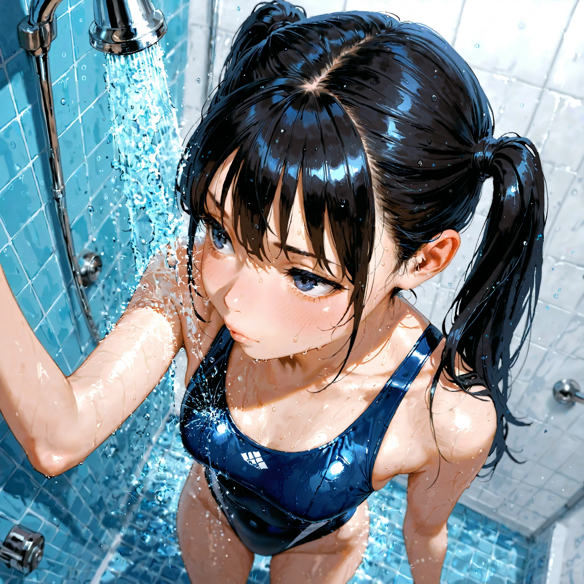 NSFW, (Snapshot of girls kissing face to face in an open shower room by the pool), Braid hair, With bangs, (School Swimwear), the body is covered with juice, White LiquidSoap, Sweating, be sweaty, Wet pearl skin, ((Wet swimsuit)), Perfect Lighting, Clear Focus, (bokeH:1.4), Roundly butts, { (Shower Water:1.6) | (Gigantic Overflowing sideboob) | Butt cruck | (from above:1.4) }, hidden hands BREAK (NOGIZAKA girls) ((Extremely Detailed very KAWAII face variations)), perfect anatomy, Childish, captivating gaze, elaborate detailed Eyes with (sparkling highlights:1.2), long eyelashes、Glossy RED Lips with beautiful details, Coquettish tongue, Rosy cheeks . { (Dynamic joyful expressions) | (:d) }, (no large eyes) . (close-up:1.28), Assfocus