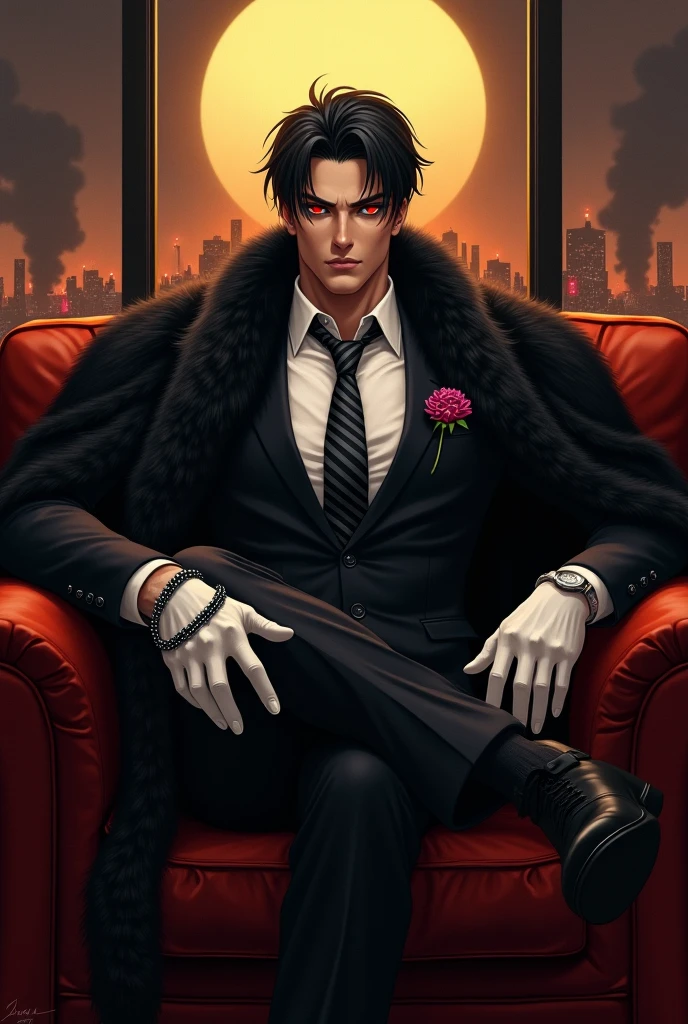 1boy, handsome, black hair, smoking cigarette, sitting in room, bandaged wrists, . scars around lower mouth, scars, bloody, serial killer, bloody, blood everywhere. psychopath, sociopath, suit, Mafia boss, scotch glass in one hand cigaratte in the other.