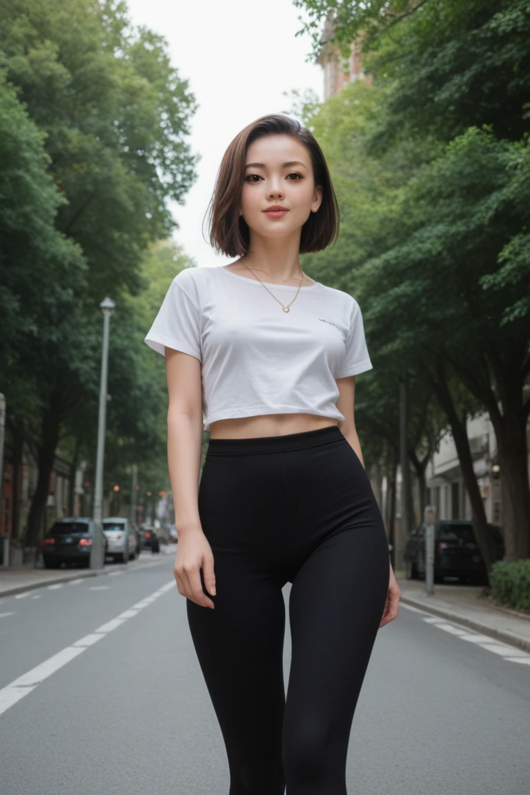 top-quality、masterpiece、超A high resolution、(realisitic:1.4)、Beautuful Women1、Beautiful detail eyes、smile、Light brown short-cut hair, She is Wearing a shirt and long pants posing for a photo, gorgeous chinese model, photo of girl model, IG-Modell, beautiful female model, on the street, shirt, white shirt, long tight pants, medium breast