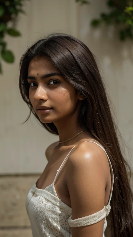 portrait of a indian teenager schoolgirl with big boobies, black hair, wearing a mini thigh high school skirt, sexy thighs,  big booty, showing her booty, looking back at the viewer, standing on a road, wet hair, raining, realistic, masterpiece, photorealistic, realistic, 8k
