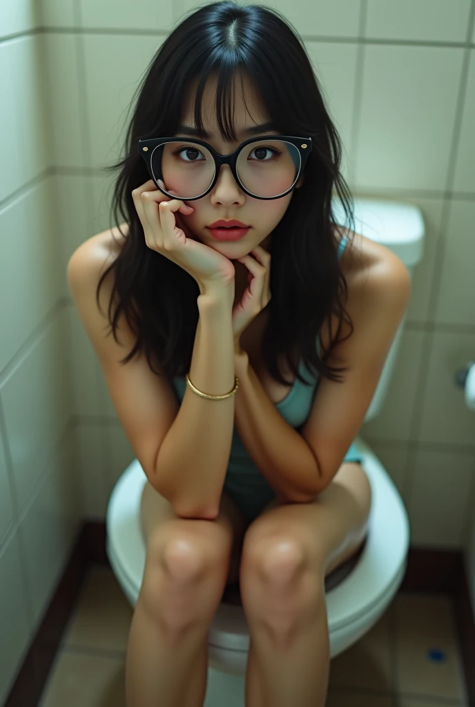 ((最high quality, 8k, masterpiece: 1.3)), Realistic, Sharp focus, high quality, High resolution, ((Looking down)), Portraiture, alone, Japanese teenagers, beauty, Glasses, ((Show the soles of your feet:1.5)), 18-year-old, Plump, Straight hair, Wet White Shirt, pantyhose, toilet, Piping, tile, ((Spread your legs wide)), (opening their mouths and sticking out their tongues:1.1),