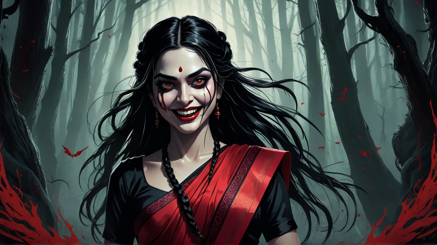 Digital illustration with a dark, eerie style. (full body) The layout features a central figure, a woman with long, disheveled black hair, snake in hair like medusa, crawling towards the viewer. Her skin is brunette, dark, and her eyes are glowing white, scary looks, cruel smile on face, blood on teeth, giving her a menacing appearance. She has a wide, sinister grin with sharp teeth. The woman is dressed in green sari, dark atmosphere, scary bloody ambience