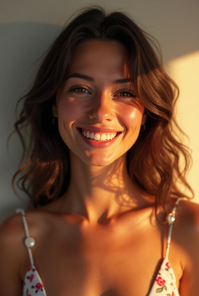 looking up, Upper Body, Realistic, real person, (pale skin: 1.2), RAW photo, photorealistic, shiny skin, shiny hair、(A 2 woman with medium-length hair and bangs) and (wavy hair) and (brown hair) and (orange eyes), (white) and (off shoulder blouse) 、Cleavage、smile, The background is the living room、Alone、Are standing