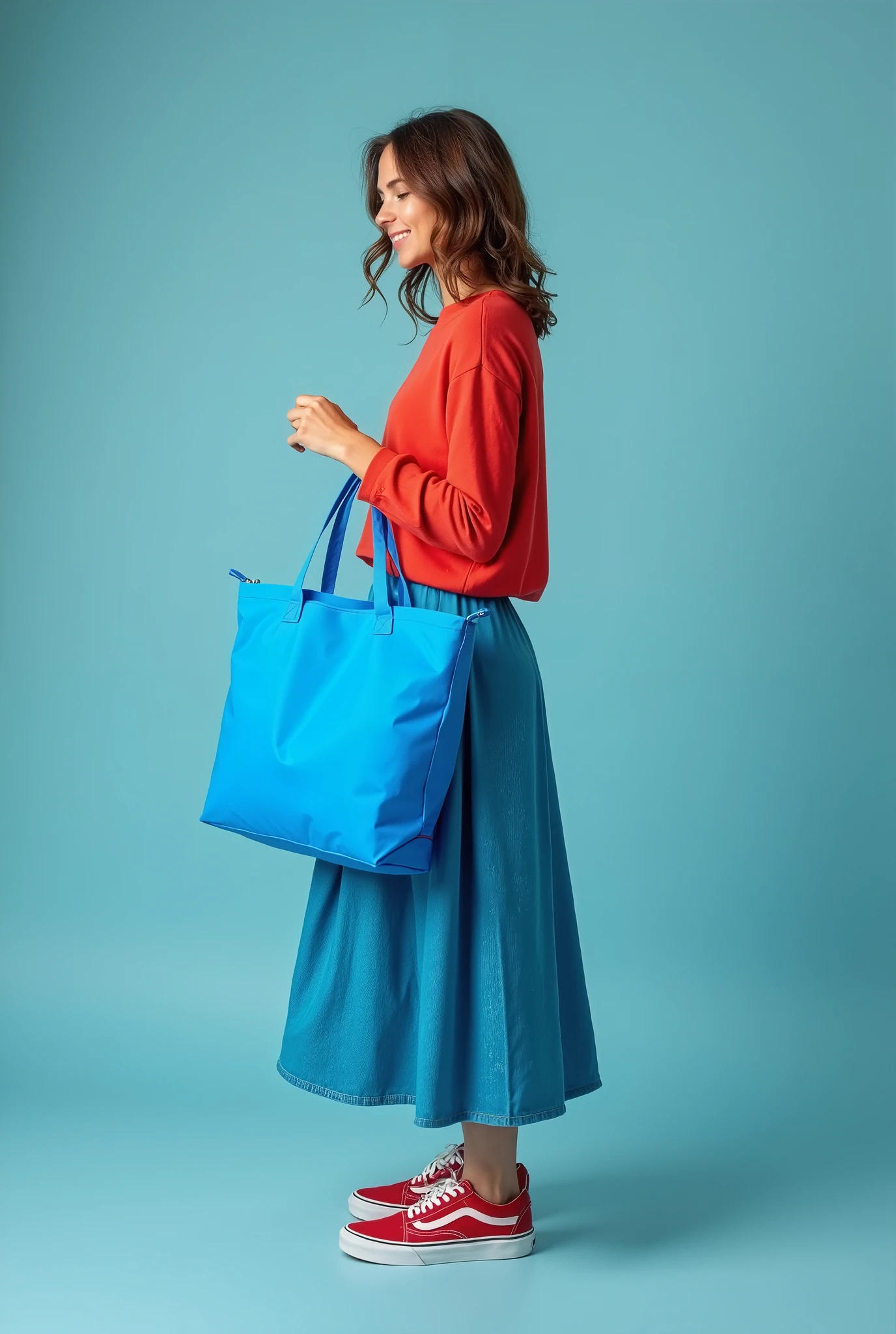 A beautiful Italian woman, standing, wearing a long skirt and ((Vans® sneakers))), holding a blue thermo bag, Simple bag, flat and straight bag, sacola azul, medium thermal bag, nylon thermal bag, medium thermo bag, Simple bag, realistic photo, advertising photo, photo in bright colors