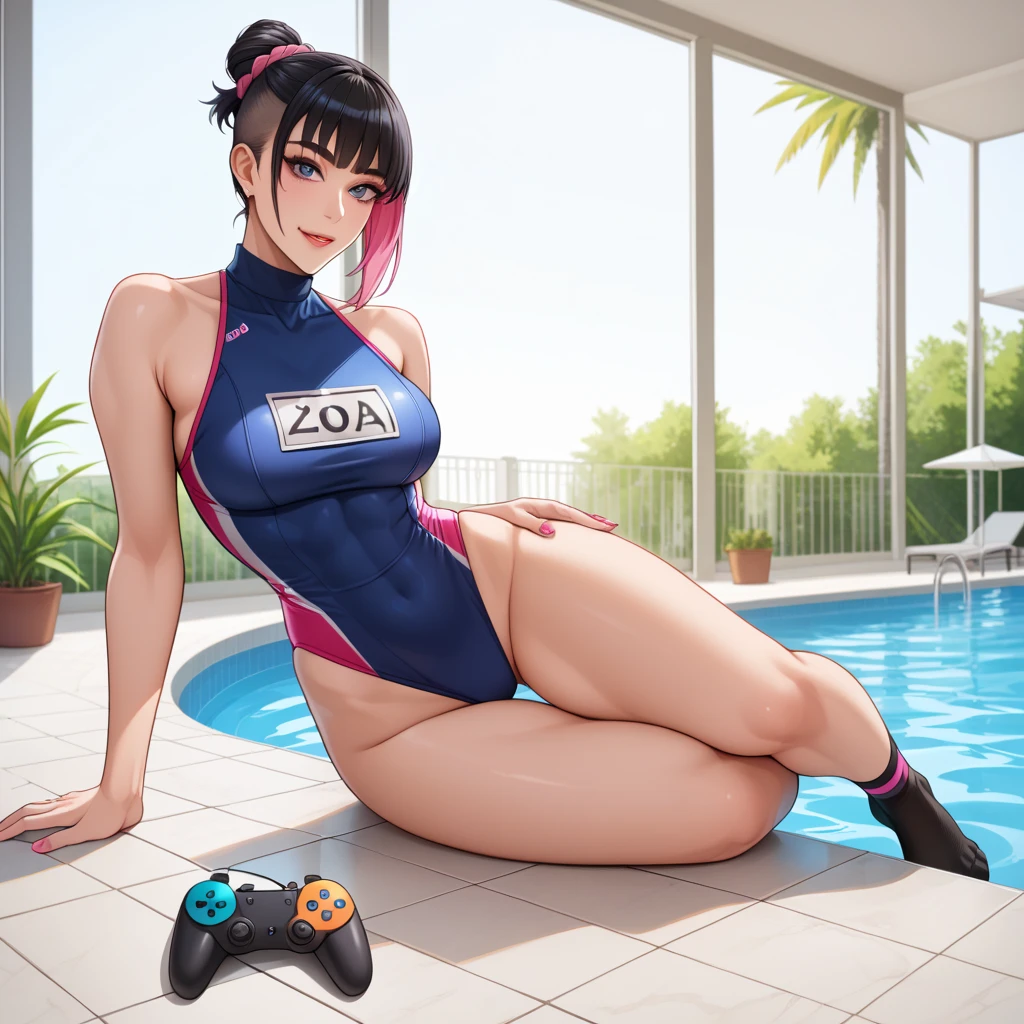 nsfw,masterpiece, best quality, HD, 4K, Ultra-high resolution, Extreme Detail, Super detailed, beautiful eyes, beautiful hair, Beautiful side, beautiful skin,large breasts,curvy,tamaki,CosmiEyes,1girl,solo,swimsuit,competition_swimsuit,spread legs, (spread pussy:1.5) ,