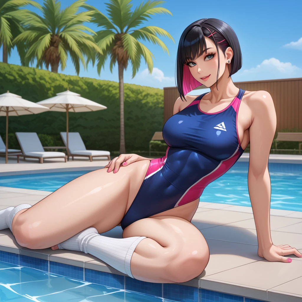 Top image quality、top-quality、8K picture quality、1girll、full body Esbian、nagisa、embarrassed from、red blush、Frustrating、Beautiful fece、Light Blue Enamel、Sleeveless、High neck competitive swimsuit、hard 、(Big Penis:1.3)、Hollow in the crotch、Light Blue Enamel High Boots Pin Heel、Squatting on the ground、Open your crotch wide from side to side、Arms behind your head、Show off your armpits、gazing at viewer、Face the viewer、Show your crotch to viewers、((Frontal shot))、in poolside、profetional lighting、professional photograpy